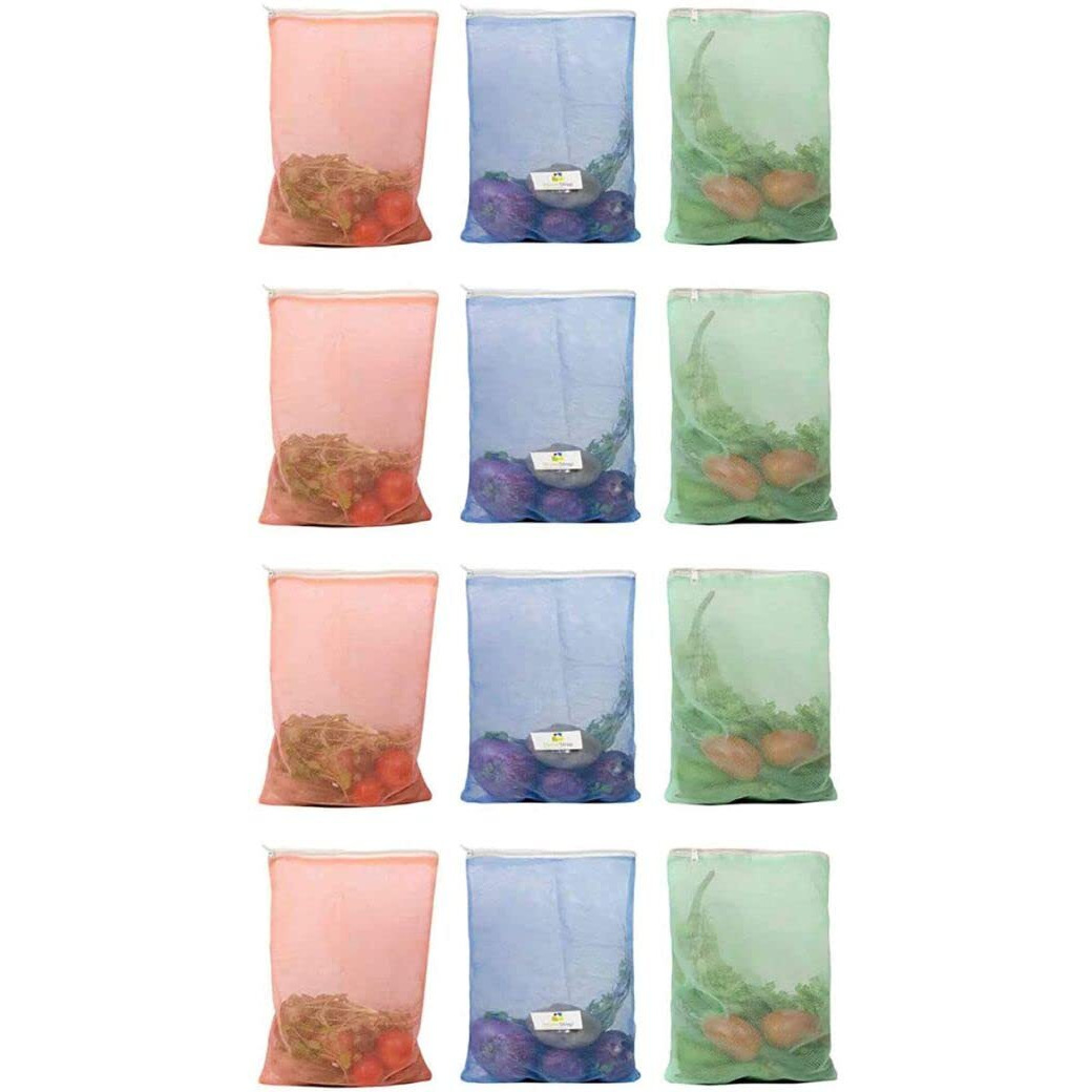 HomeStrap Reusable Mesh Fridge Storage Zipper Bags For Fruits And Vegetables(Multicolour, Standard) - Set of 12
