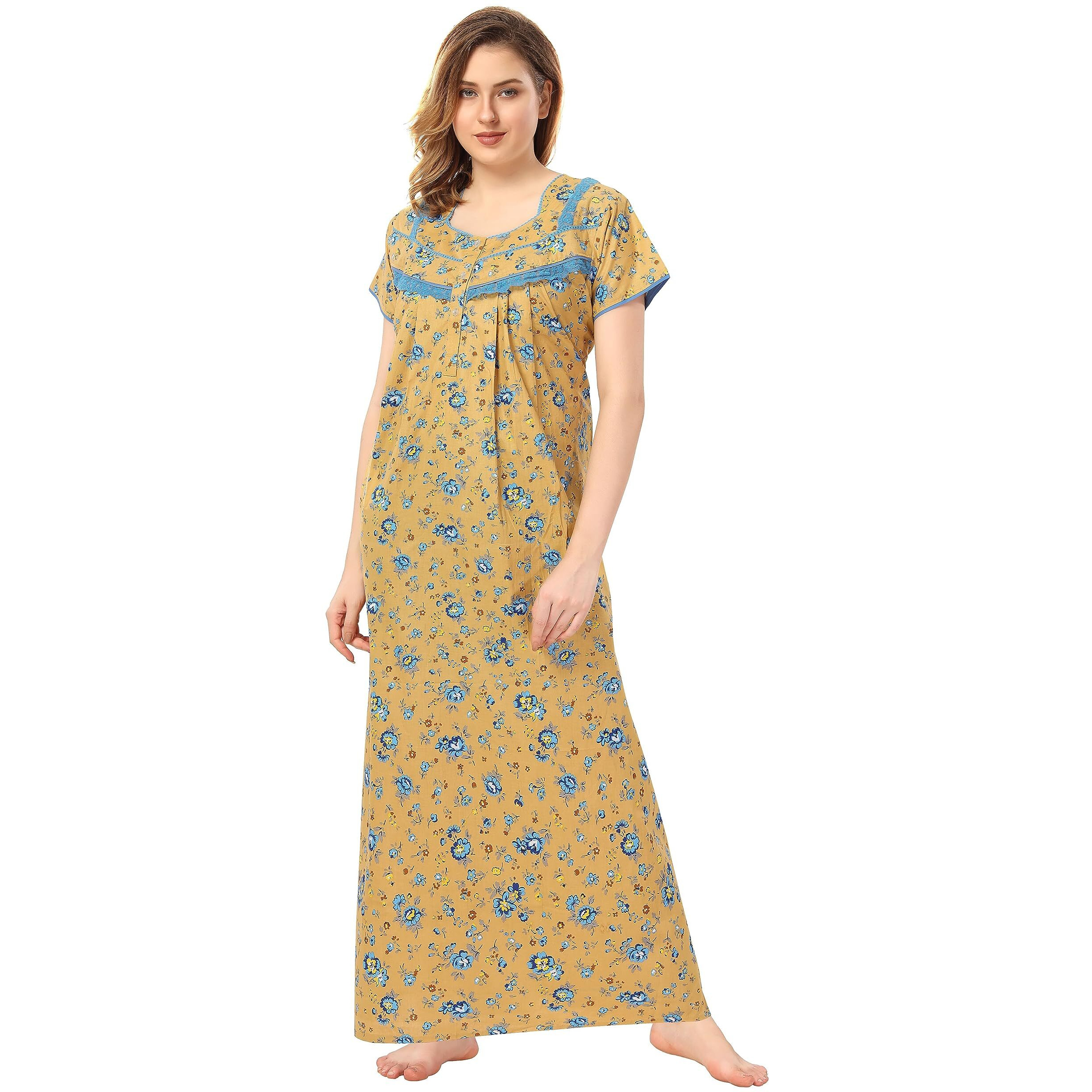 Soulemo Women s Cotton Floral Maxi Nighty (499JXL_Honey Gold_X-Large BUST 48)