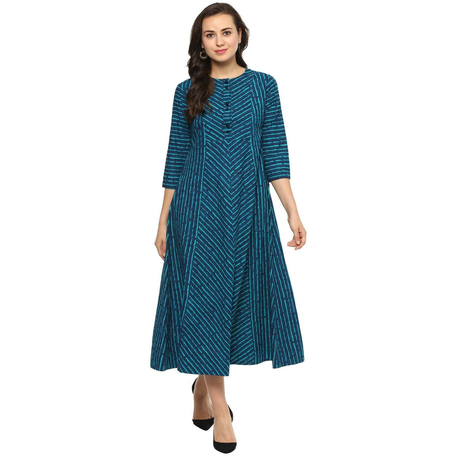 idaLia Pure Cotton 3/4 Sleeve,Round Neck Striped Flared Blue Kurta for Women