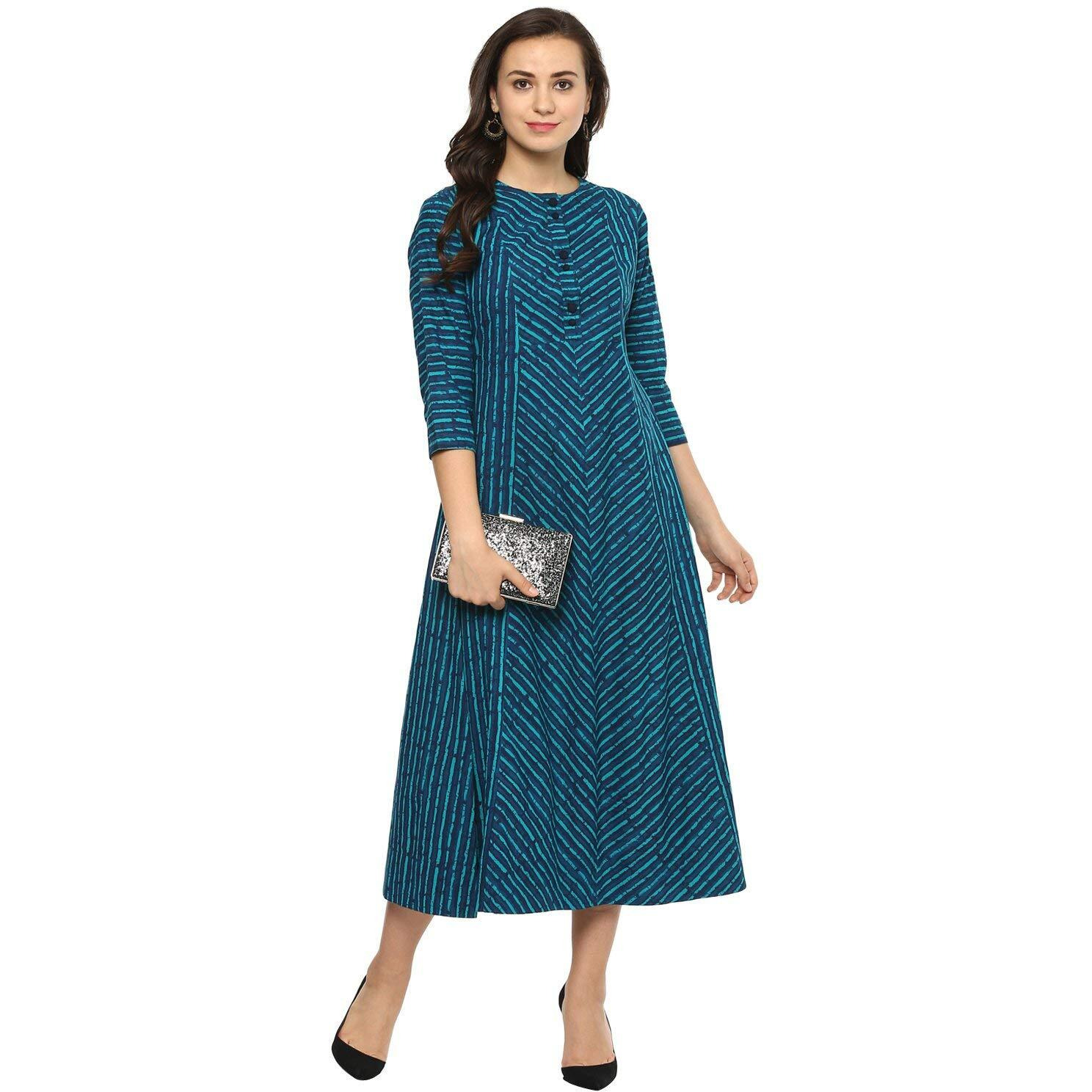 idaLia Pure Cotton 3/4 Sleeve,Round Neck Striped Flared Blue Kurta for Women