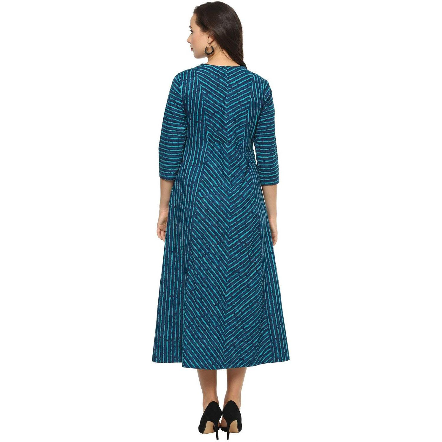 idaLia Pure Cotton 3/4 Sleeve,Round Neck Striped Flared Blue Kurta for Women