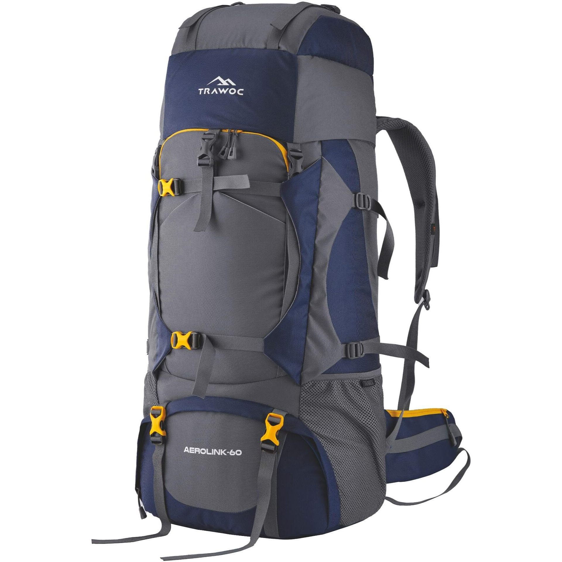 TRAWOC AEROLINK 60 Liter Travel Backpack Hiking Trekking Bag Camping Rucksack for Men & Women, 3 Year Warranty, Grey, HK006
