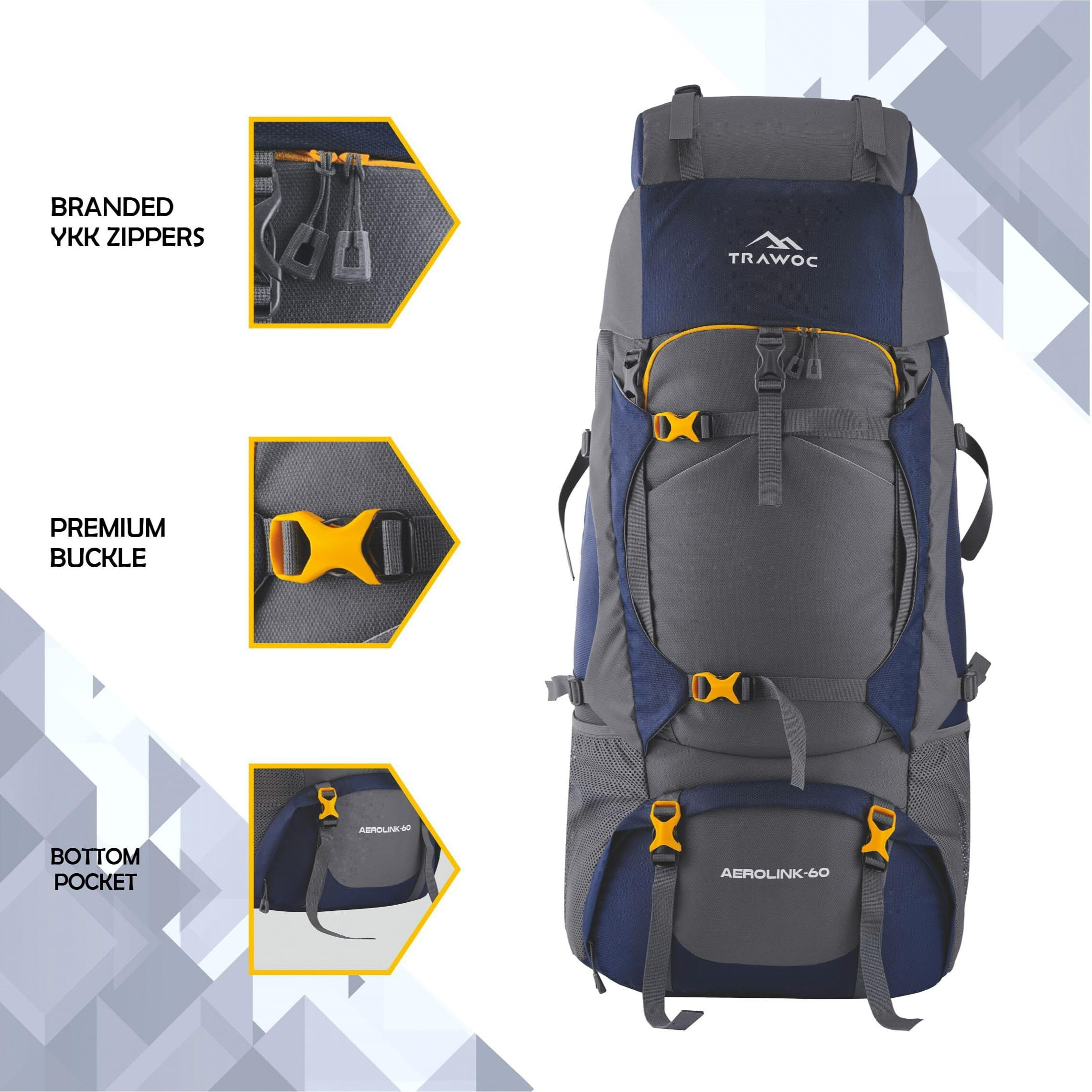 TRAWOC AEROLINK 60 Liter Travel Backpack Hiking Trekking Bag Camping Rucksack for Men & Women, 3 Year Warranty, Grey, HK006