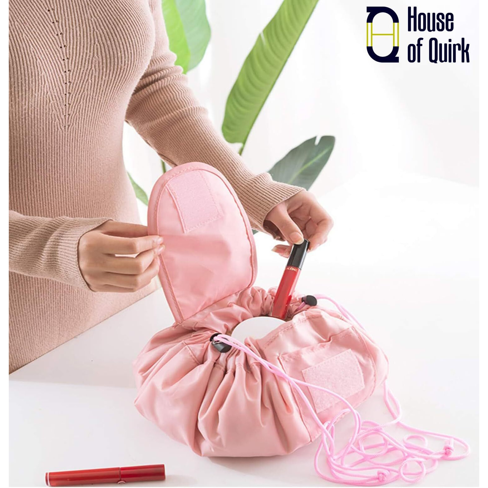 House of Quirk Lazy Cosmetic Multifunction Bag Drawstring Makeup Pouch Makeup Bags Toiletry Organizer for Women (Pink)