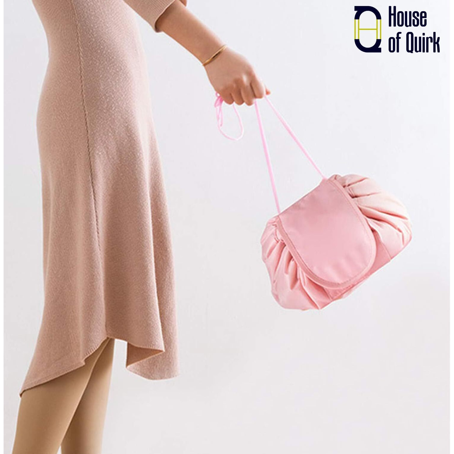 House of Quirk Lazy Cosmetic Multifunction Bag Drawstring Makeup Pouch Makeup Bags Toiletry Organizer for Women (Pink)