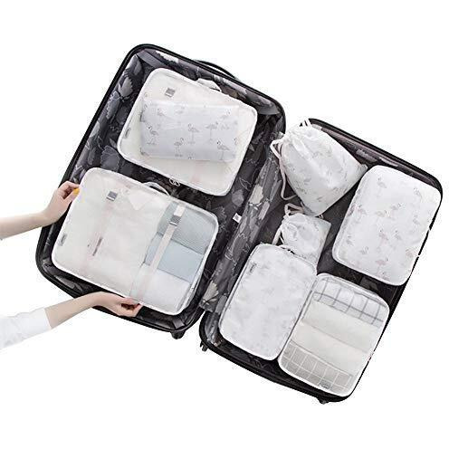 House of Quirk polyester 7 Set Packing Cubes Luggage Packing Organizers For Travel Accessories (White Flamingo)