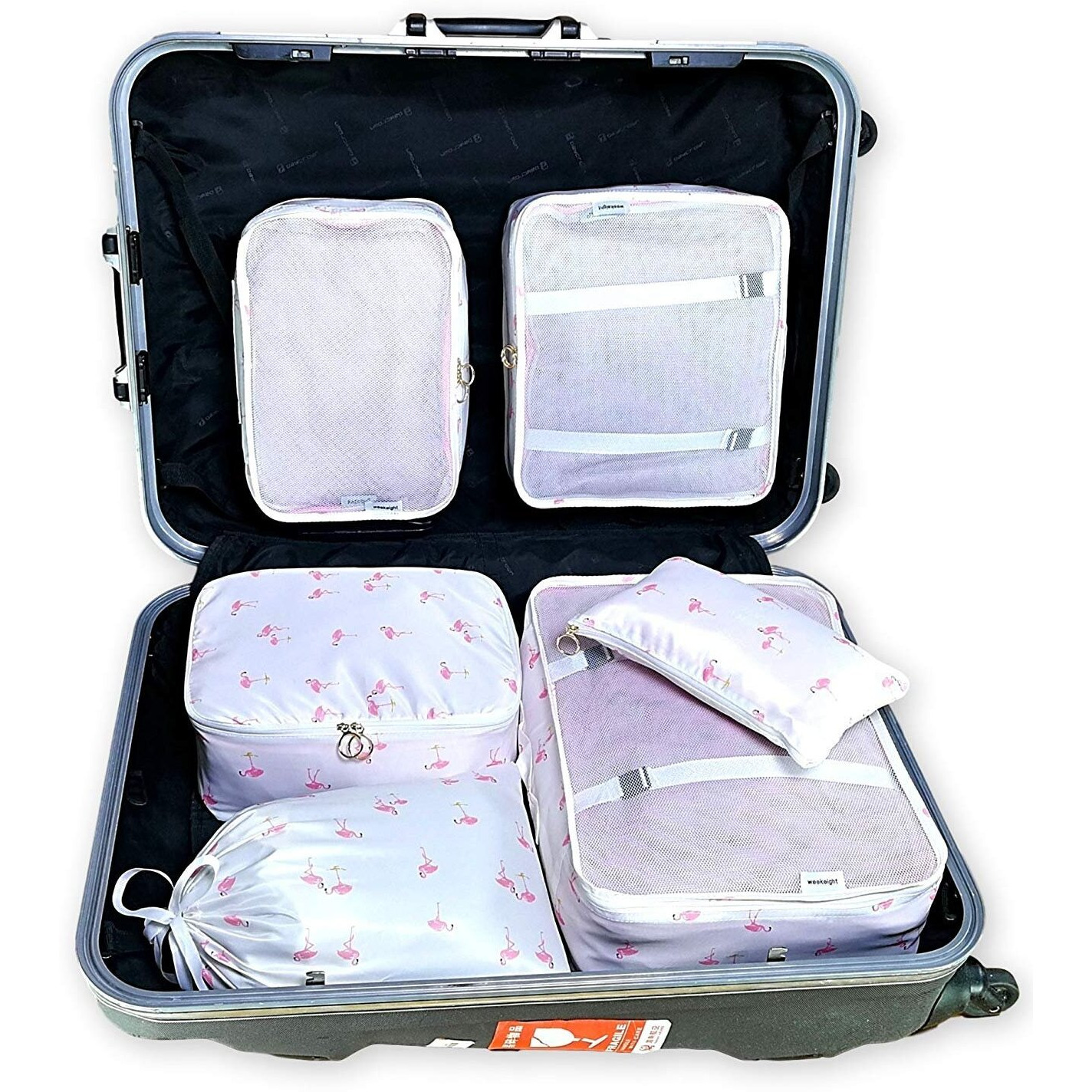 House of Quirk polyester 7 Set Packing Cubes Luggage Packing Organizers For Travel Accessories (White Flamingo)