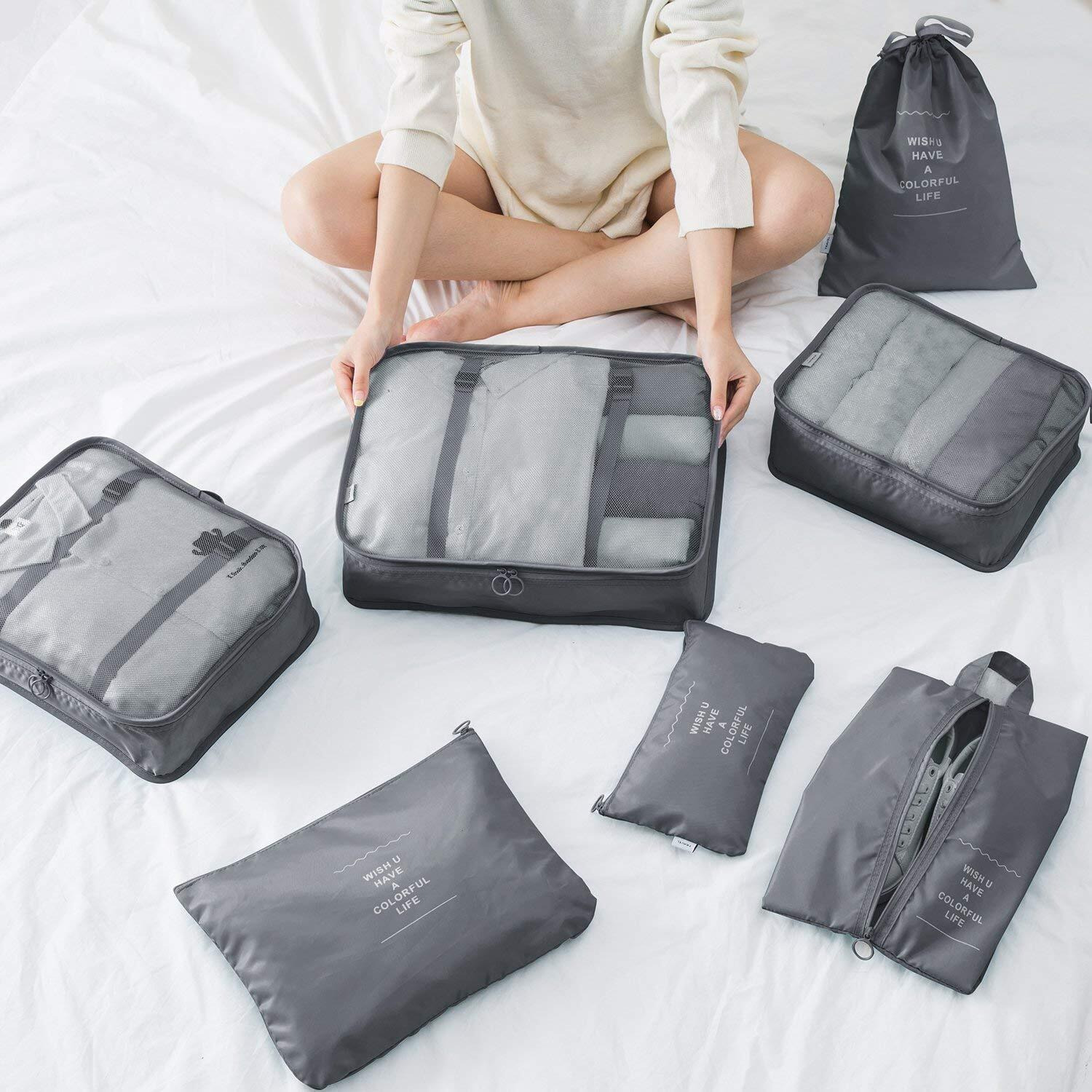 House of Quirk Polyester 7 Set Travel Organizer Bag 3 Packing Cubes + 3 Pouches + 1 Toiletry Organizer Bag (Grey),W-28 Cm, H-11 Centimeters