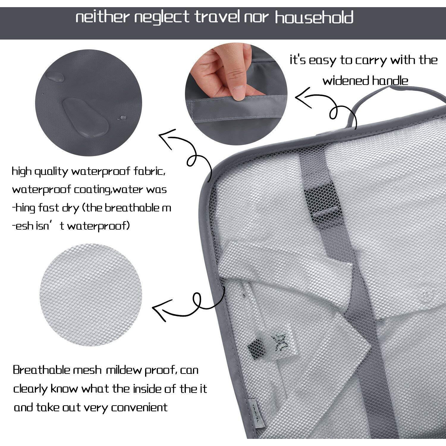 House of Quirk Polyester 7 Set Travel Organizer Bag 3 Packing Cubes + 3 Pouches + 1 Toiletry Organizer Bag (Grey),W-28 Cm, H-11 Centimeters