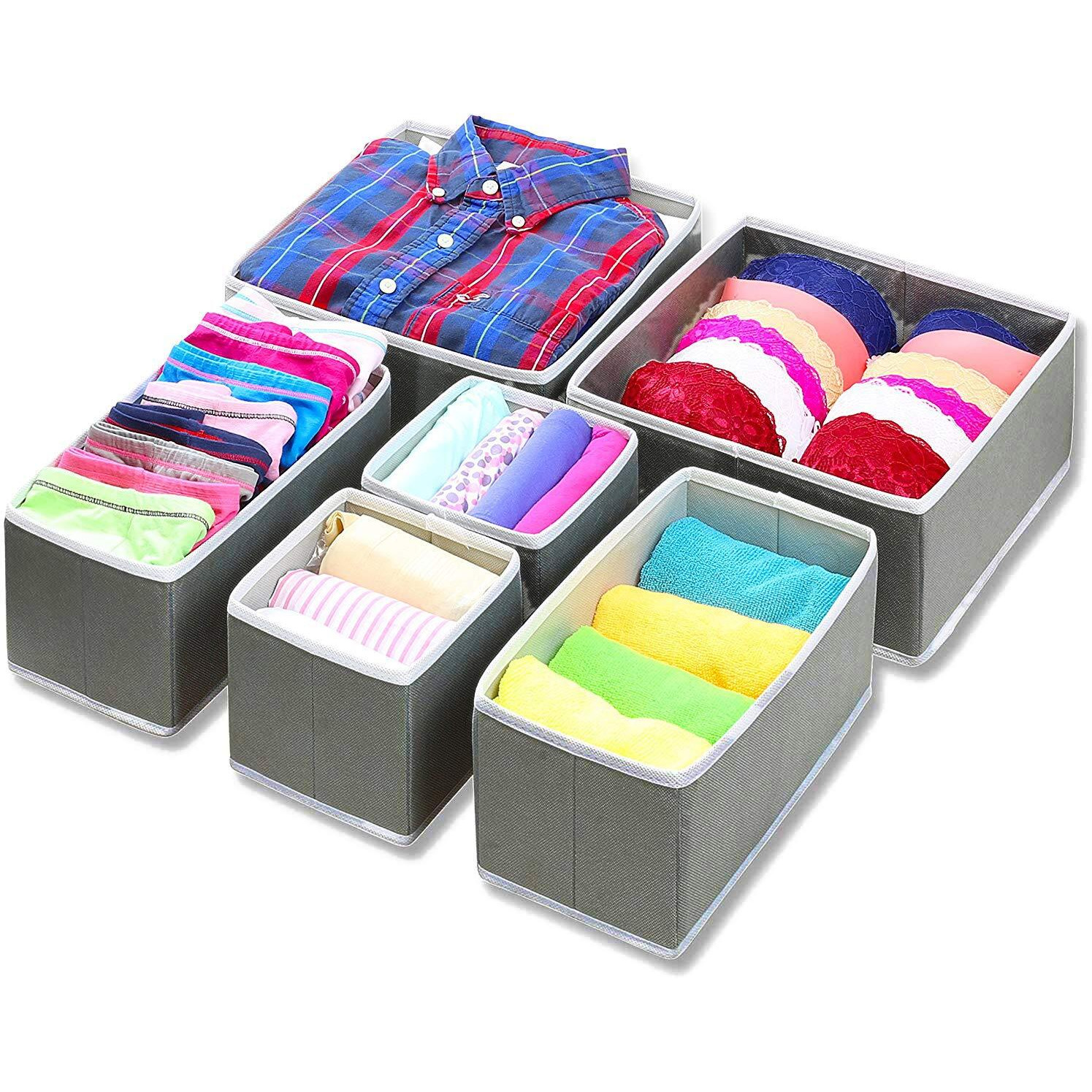 House of Quirk Foldable Cloth Storage Box Closet Dresser Drawer Organizer Cube Basket Bins Containers Divider with Drawers for Underwear, Bras, Socks, Ties, Scarves, Set of 6 (Grey)