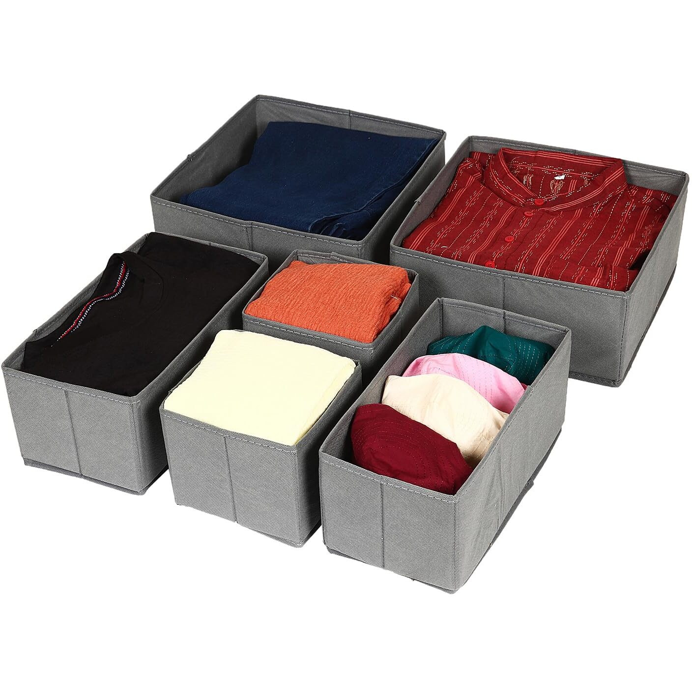 House of Quirk Foldable Cloth Storage Box Closet Dresser Drawer Organizer Cube Basket Bins Containers Divider with Drawers for Underwear, Bras, Socks, Ties, Scarves, Set of 6 (Grey)
