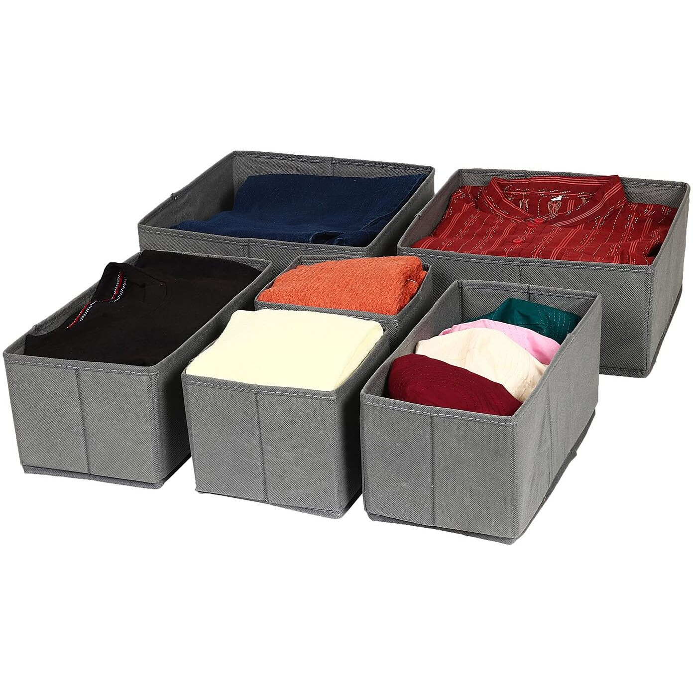 House of Quirk Foldable Cloth Storage Box Closet Dresser Drawer Organizer Cube Basket Bins Containers Divider with Drawers for Underwear, Bras, Socks, Ties, Scarves, Set of 6 (Grey)