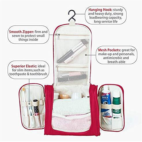 PETRICE Multifunctional Toiletry Bag Large Makeup Pouch Waterproof Shower Wash Bag Cosmetic Organizer Case Travel Kit Pack with Hook (Red) 23.1 x 10.4 x 20.6 cm