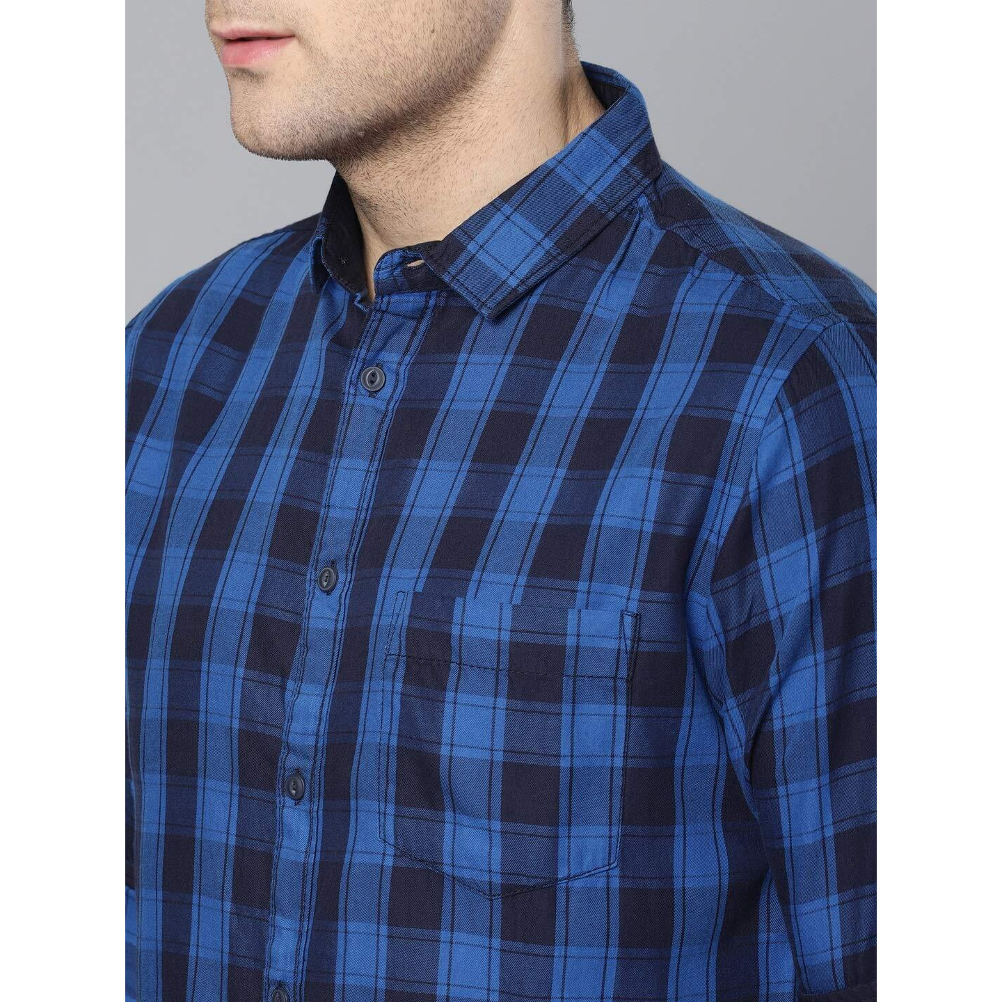 Dennis Lingo Men s Checkered Blue Slim Fit Casual Shirt (C419_Blue_L)