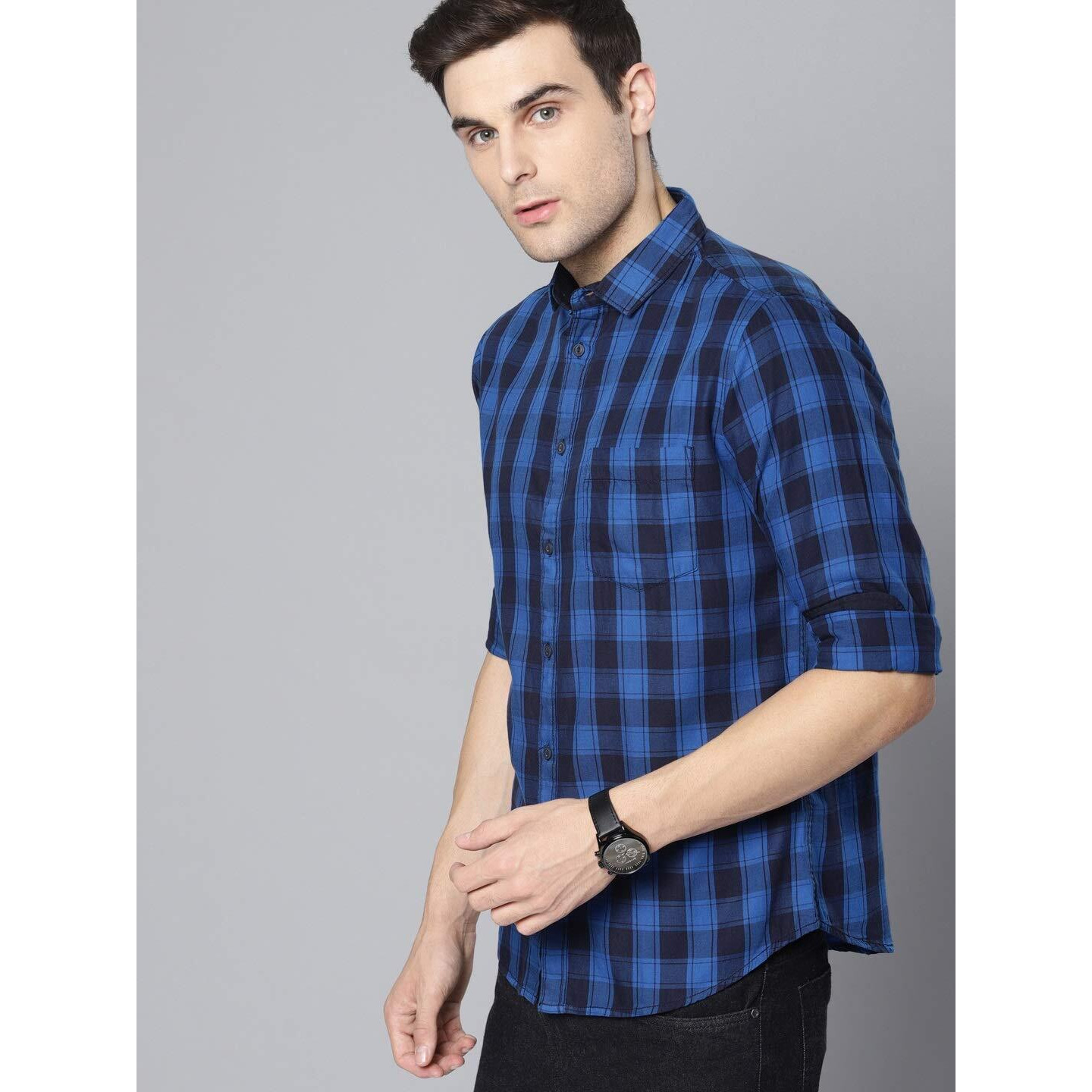 Dennis Lingo Men s Checkered Blue Slim Fit Casual Shirt (C419_Blue_L)