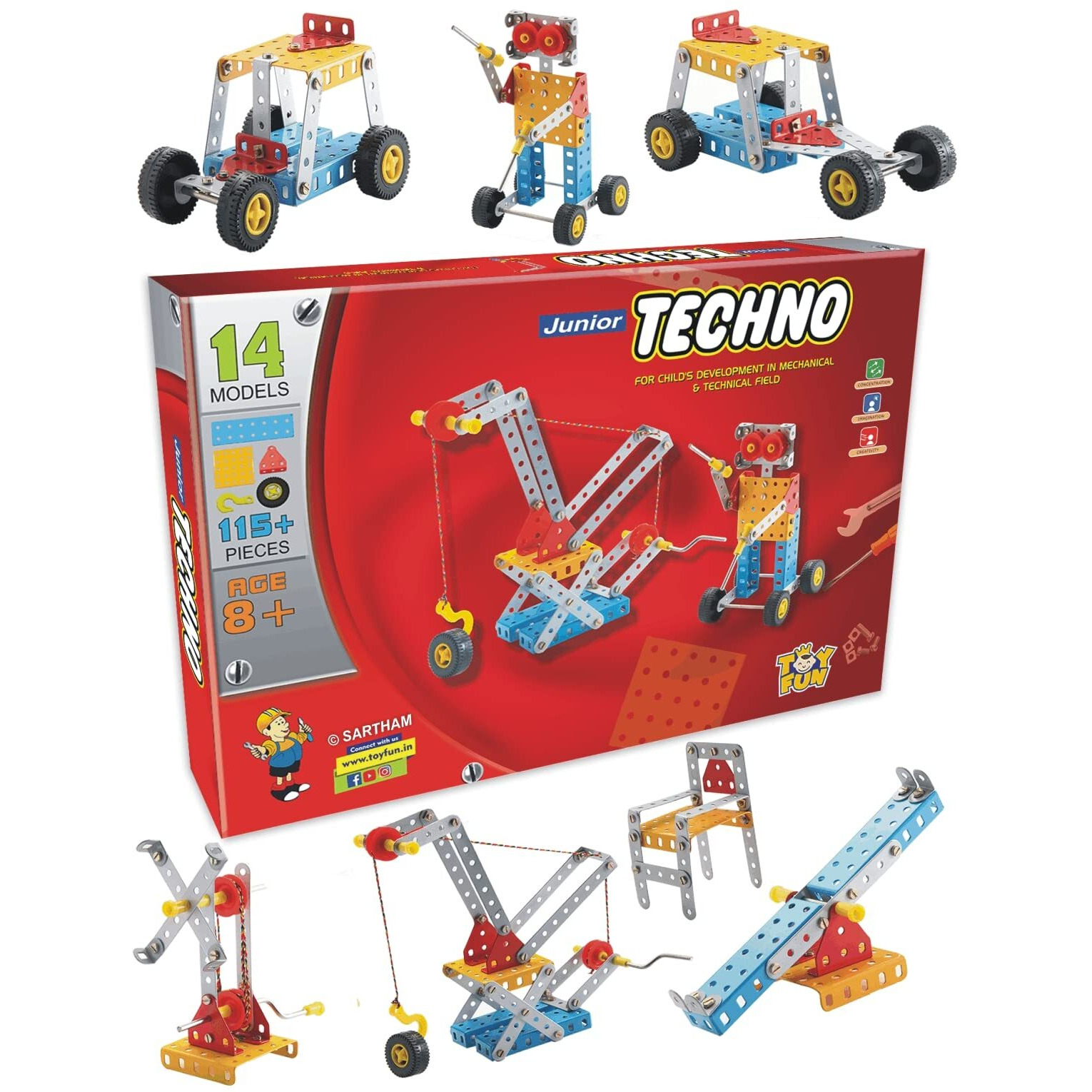 SARTHAM Junior Techno, 8 to 12 Years, DIY Educational kit, Engineering Tool kit Toy, 1 Set STEM Learning Metal Toy, Gift for 8+ Year Old boy and Girl, 115+ Pieces Puzzle and 14 Models | Multicolor