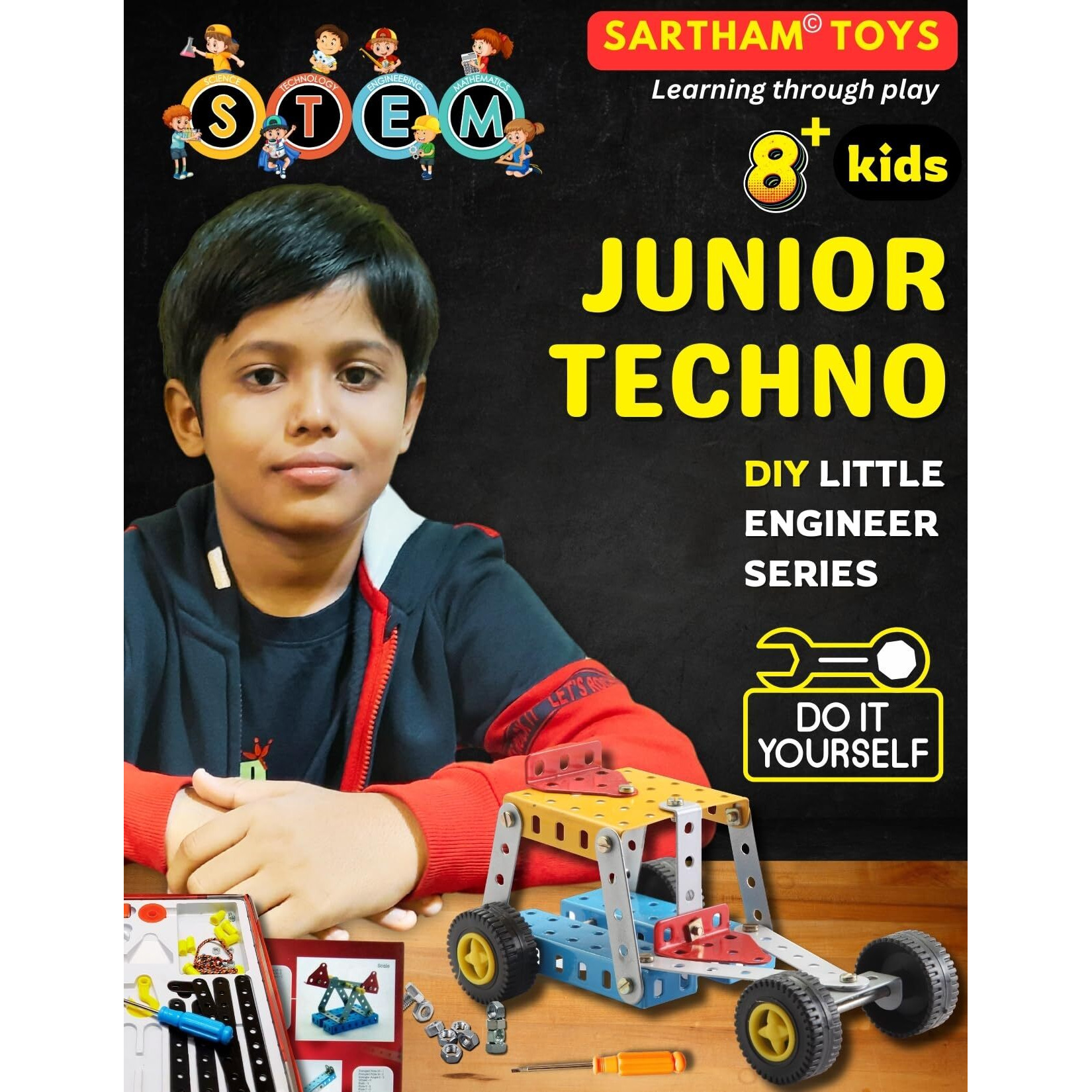 SARTHAM Junior Techno, 8 to 12 Years, DIY Educational kit, Engineering Tool kit Toy, 1 Set STEM Learning Metal Toy, Gift for 8+ Year Old boy and Girl, 115+ Pieces Puzzle and 14 Models | Multicolor