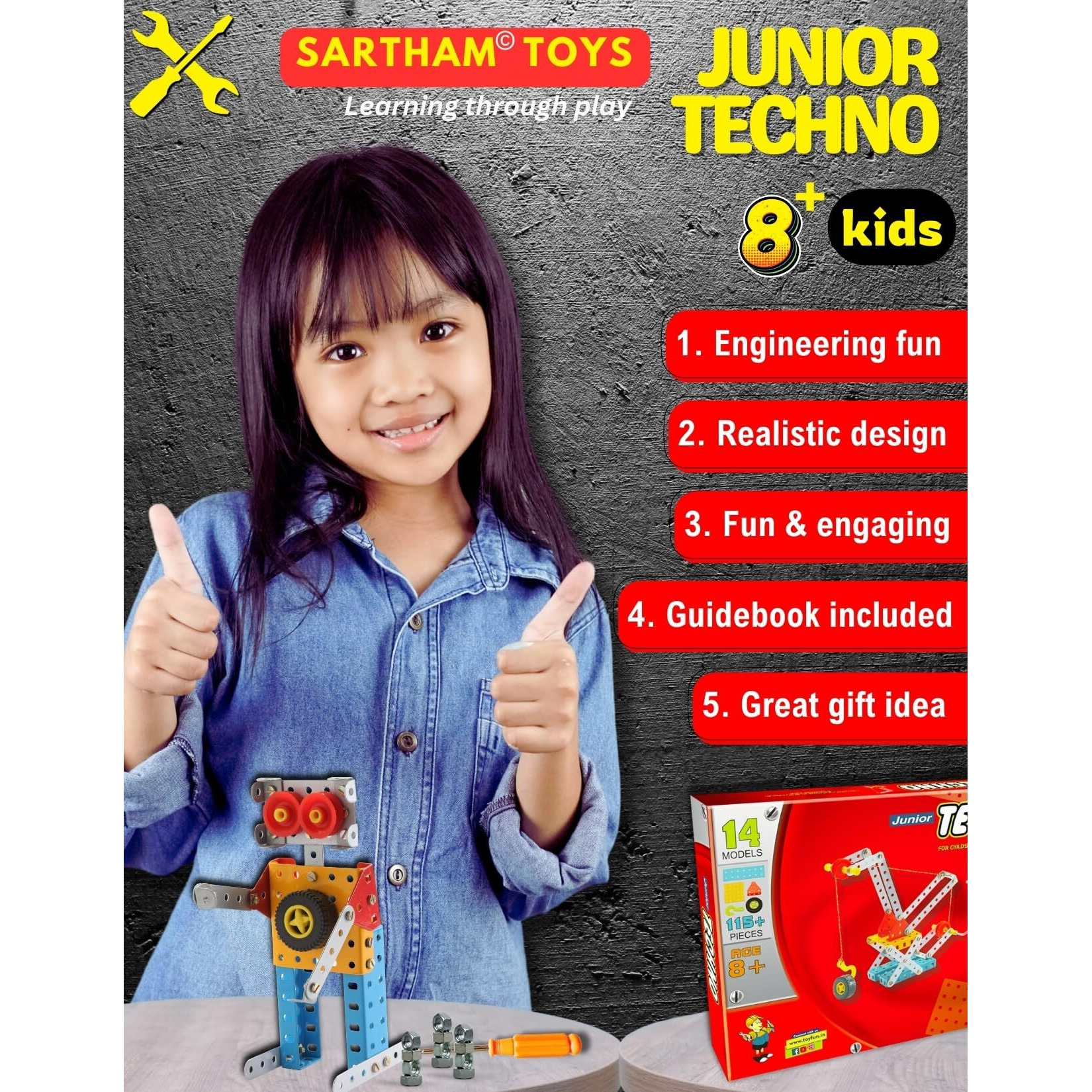 SARTHAM Junior Techno, 8 to 12 Years, DIY Educational kit, Engineering Tool kit Toy, 1 Set STEM Learning Metal Toy, Gift for 8+ Year Old boy and Girl, 115+ Pieces Puzzle and 14 Models | Multicolor