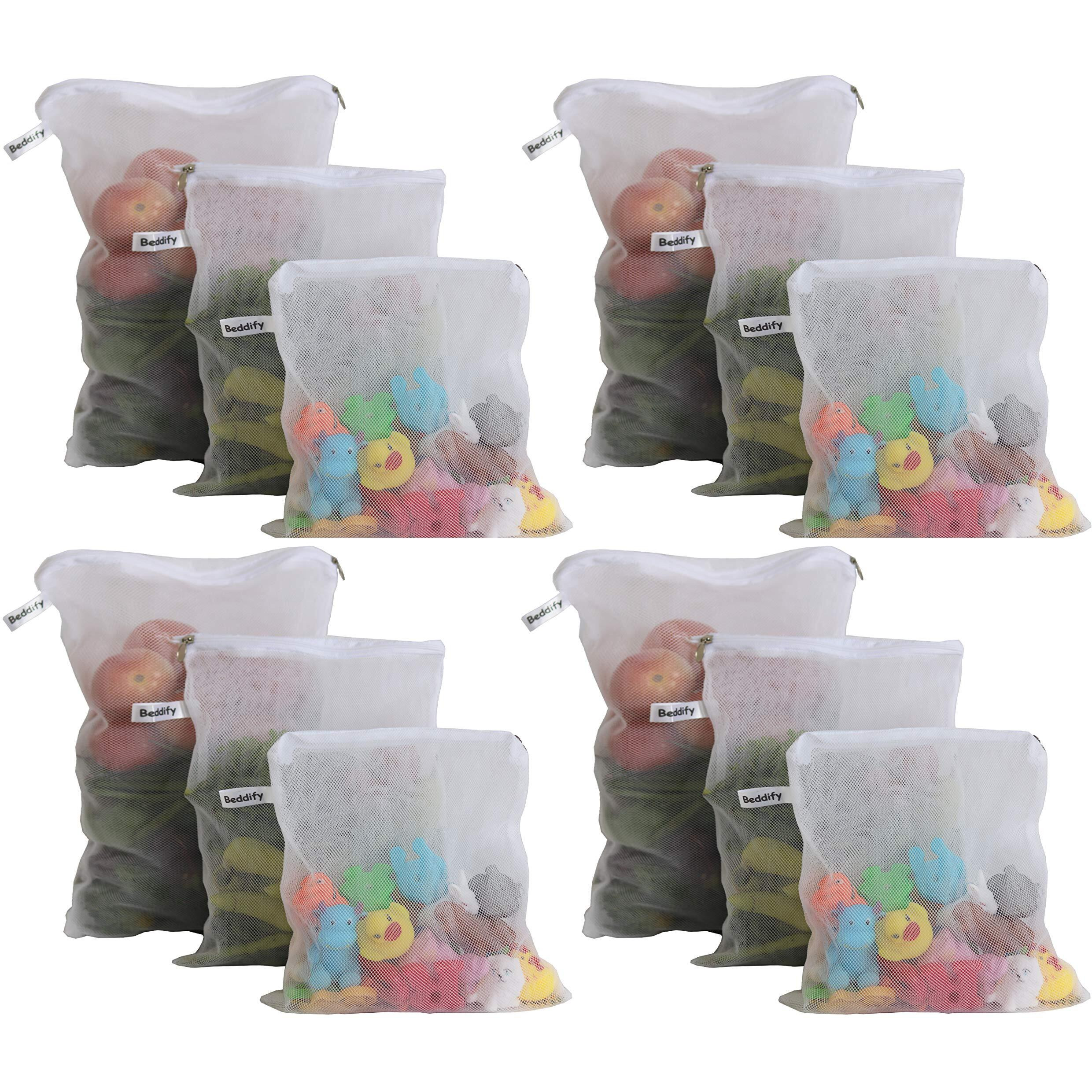 Beddify Set of 12 Reusable Fridge Storage Bags for Vegetables and Fruits Dual Layer Mesh Net Multipurpose Multi-Size Kitchen Storage Bags Organizer with Sturdy Zipper (White)