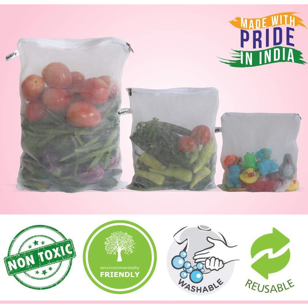 Beddify Set of 12 Reusable Fridge Storage Bags for Vegetables and Fruits Dual Layer Mesh Net Multipurpose Multi-Size Kitchen Storage Bags Organizer with Sturdy Zipper (White)
