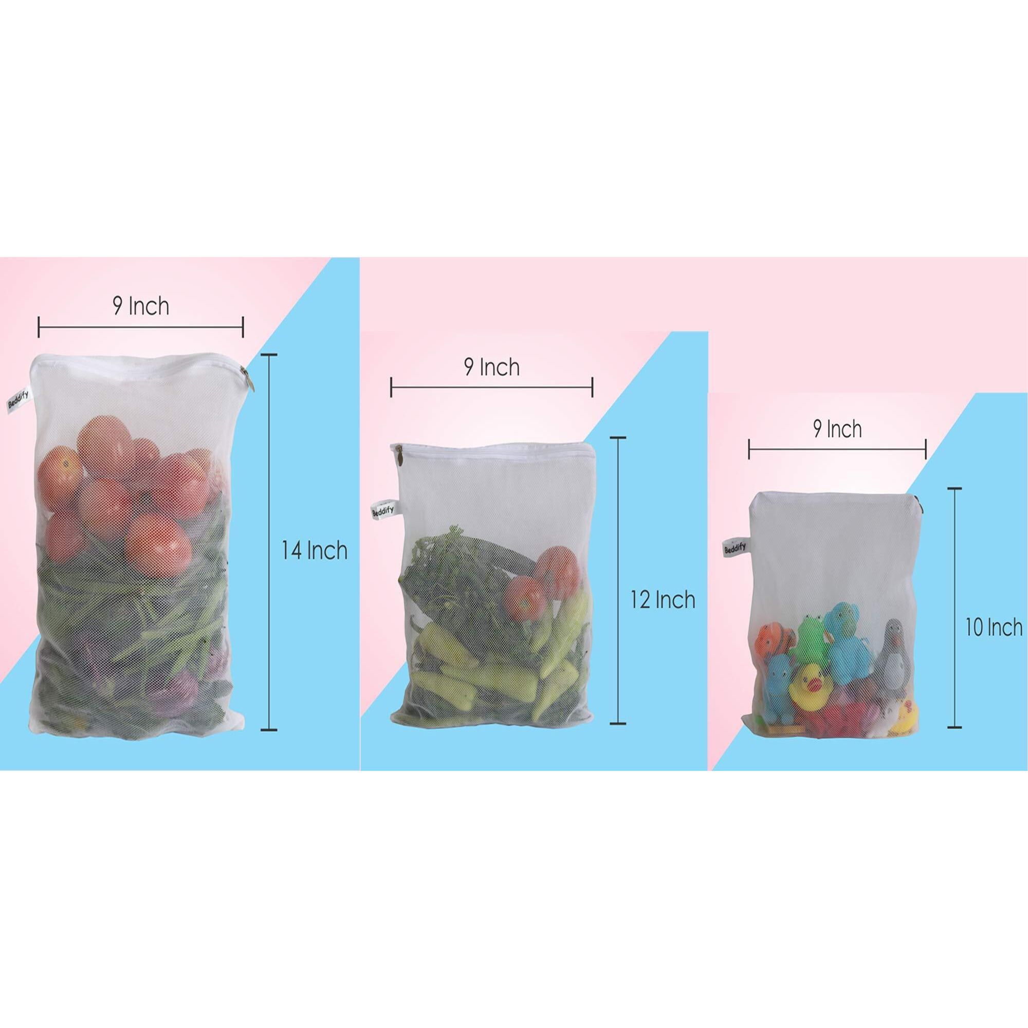 Beddify Set of 12 Reusable Fridge Storage Bags for Vegetables and Fruits Dual Layer Mesh Net Multipurpose Multi-Size Kitchen Storage Bags Organizer with Sturdy Zipper (White)