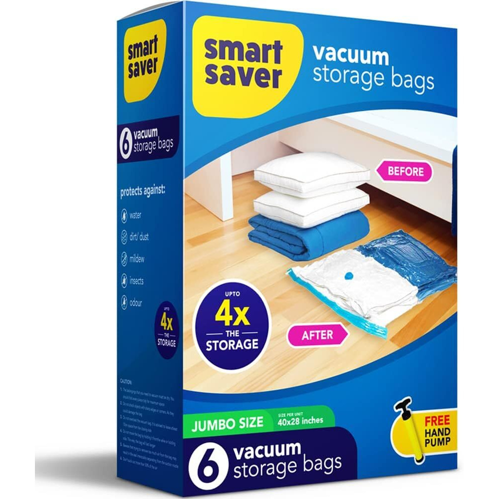 Smart Saver Vacuum Bags for Travel, Space Saver Bags 6 Jumbo (70x100cm) Compression Bags for Clothes, Storage Sealer Bags for Clothes Storage, Vaccine Packing Ziplock Bag with Hand Pump