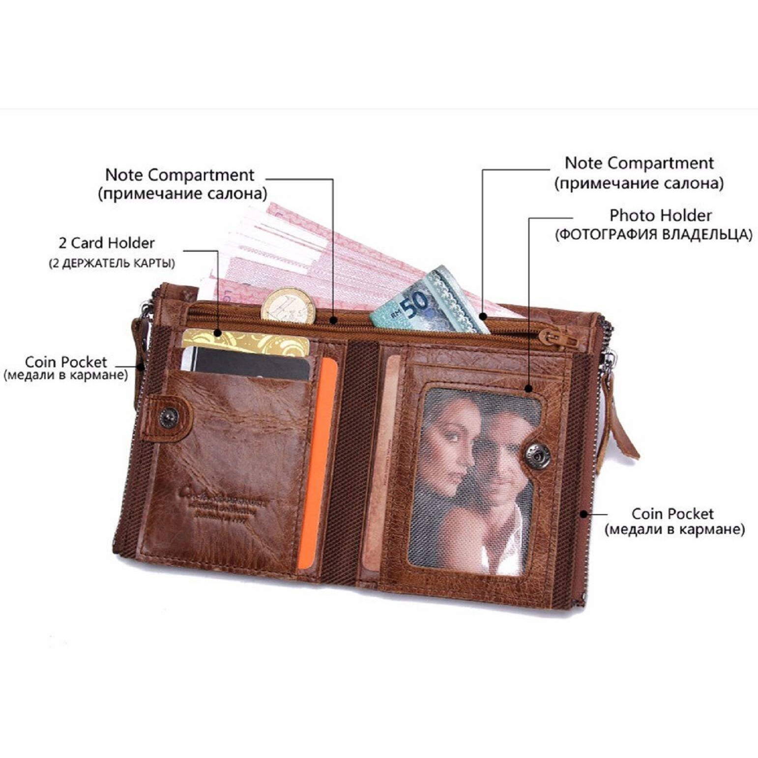Contacts Men s Genuine Leather Wallet | RFID Blocking Wallet for Men | Bifold Zip Wallet| 7 Card Slots, 1 ID Window (Brown)