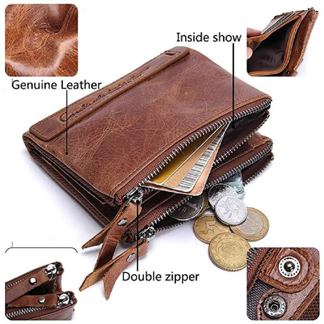 Contacts Men s Genuine Leather Wallet | RFID Blocking Wallet for Men | Bifold Zip Wallet| 7 Card Slots, 1 ID Window (Brown)