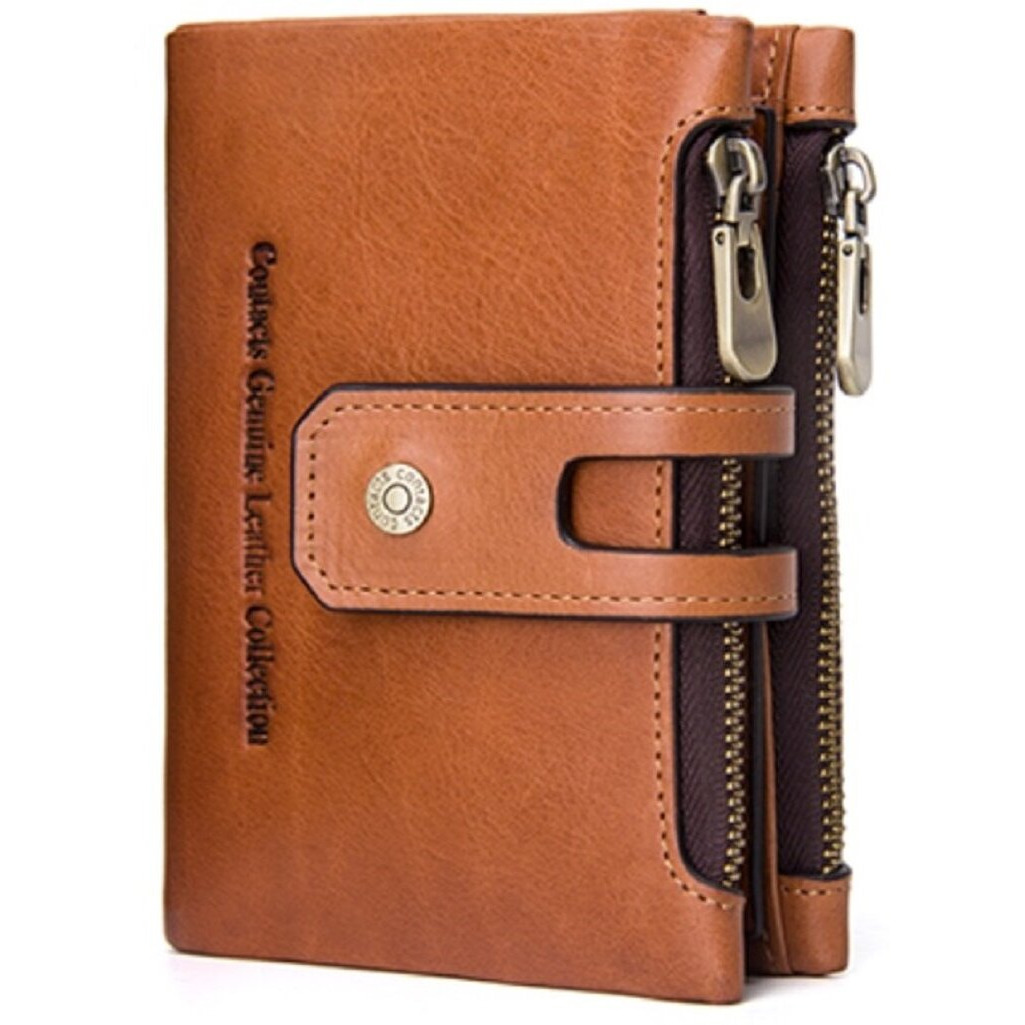 Contacts Men s Genuine Leather Wallet | RFID Blocking Wallet for Men| 14 Card Slots, 1 ID Window | 2 Zipper Compartments, Button Closure (Beige)