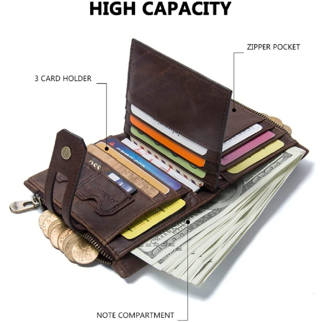 Contacts Men s Genuine Leather Wallet | RFID Blocking Wallet for Men| 14 Card Slots, 1 ID Window | 2 Zipper Compartments, Button Closure (Brown)