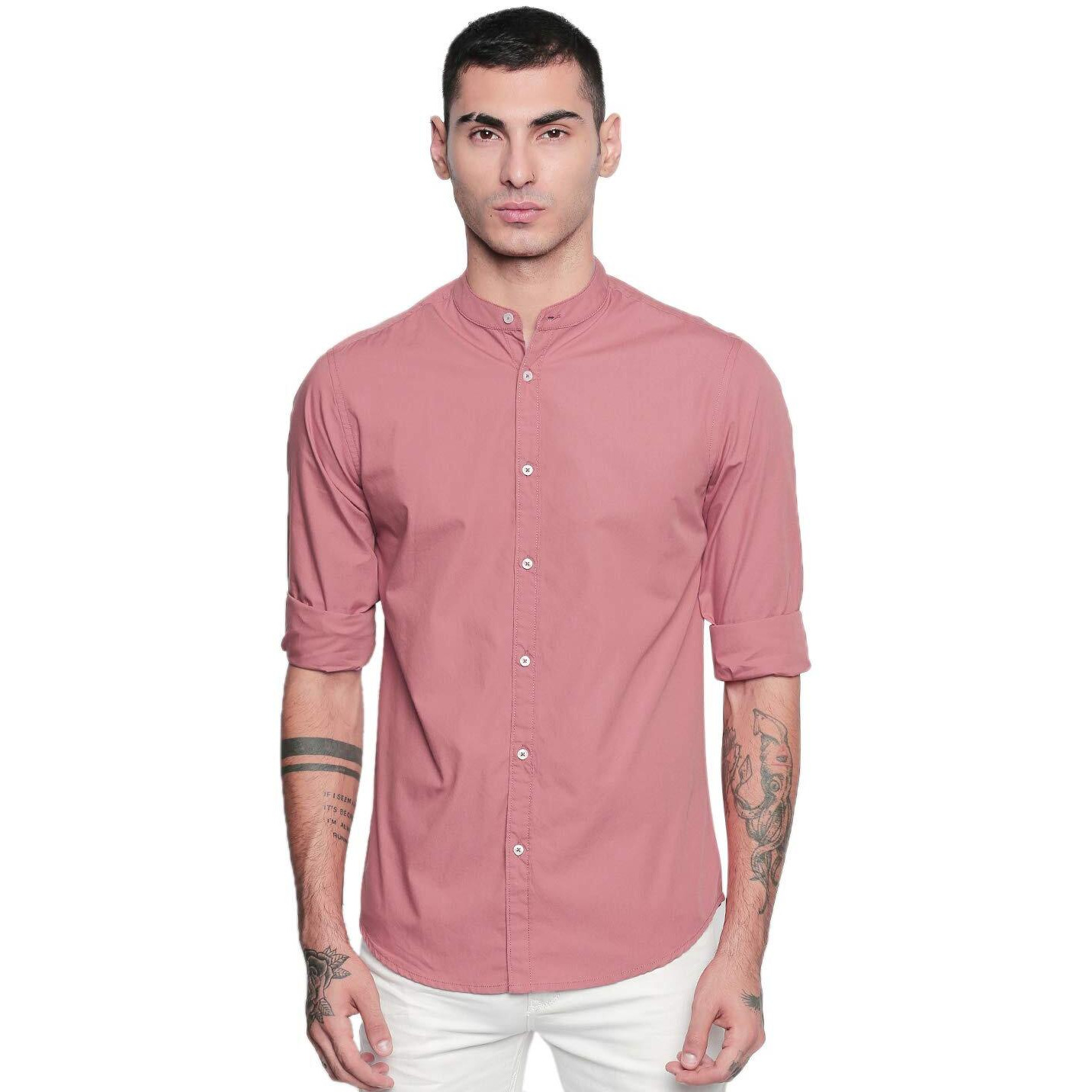 Dennis Lingo Men s Solid Chinese Collar Dusty Pink Casual Shirt (CC201_Dusty Pink_M)