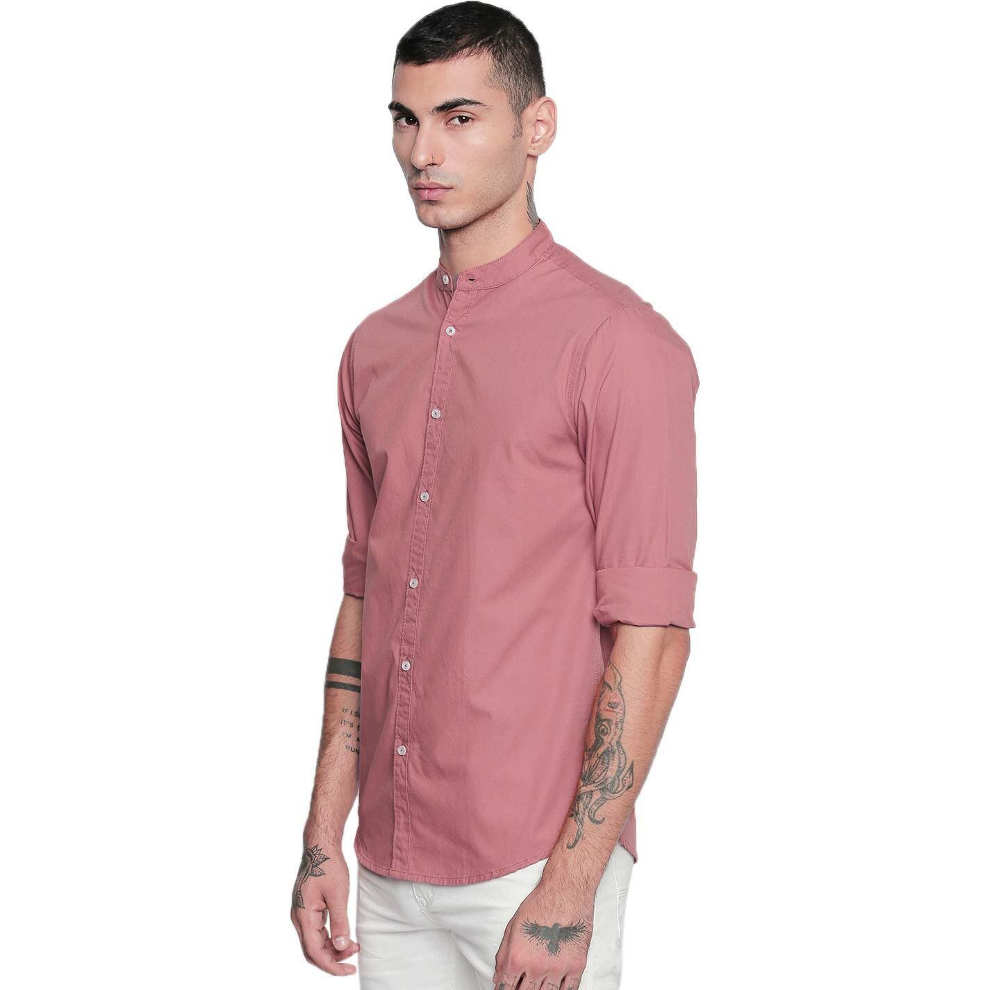 Dennis Lingo Men s Solid Chinese Collar Dusty Pink Casual Shirt (CC201_Dusty Pink_M)