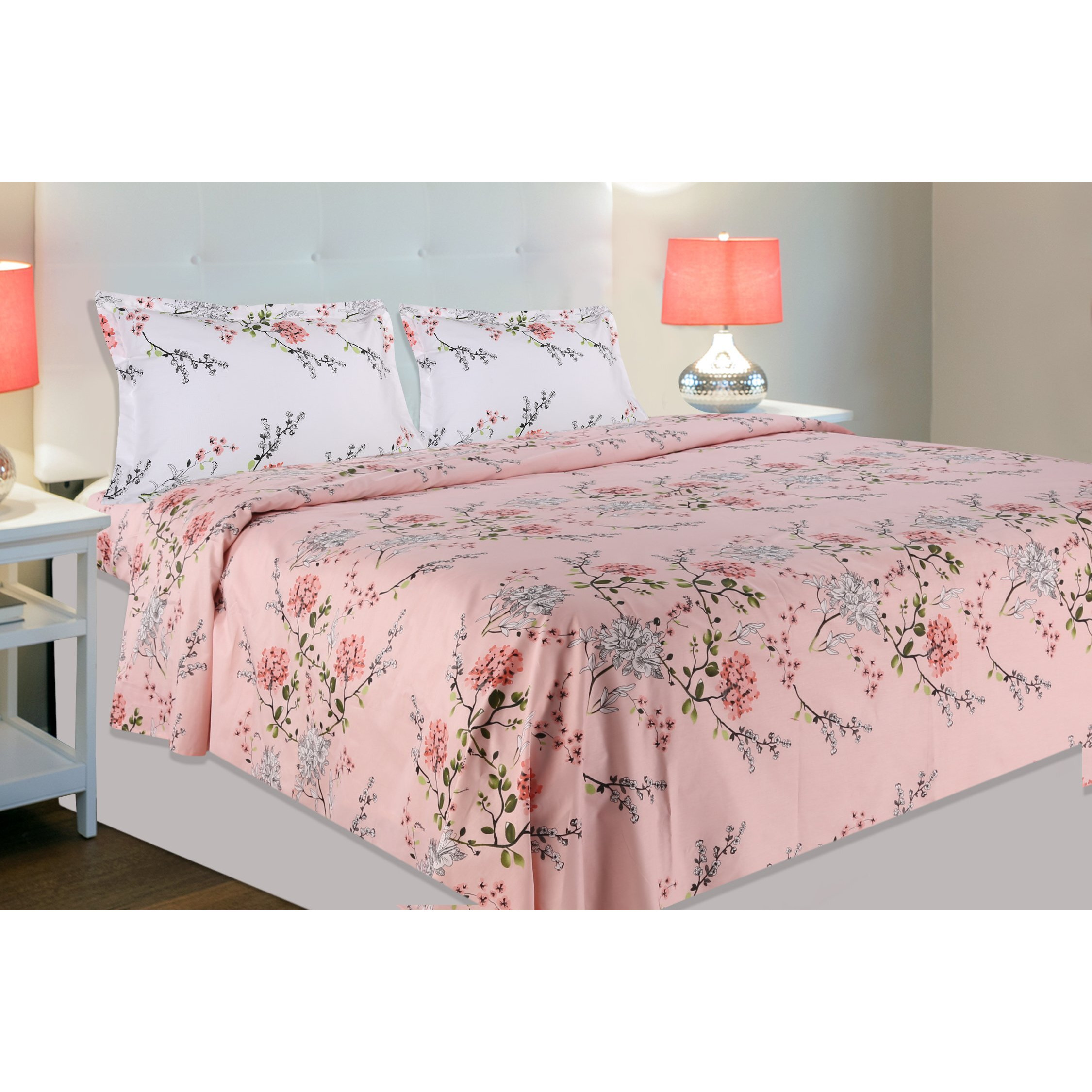 haus & kinder Double Size Bedsheets for Bed, 186 TC, 100% Cotton Bed Sheet for Queen Size Bed with 2 Pillow Covers, Bedsheet with VSD Pink Design