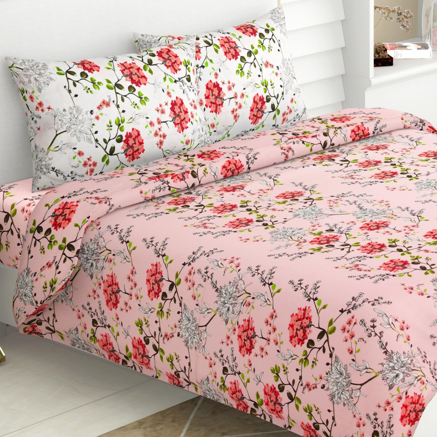 haus & kinder Double Size Bedsheets for Bed, 186 TC, 100% Cotton Bed Sheet for Queen Size Bed with 2 Pillow Covers, Bedsheet with VSD Pink Design