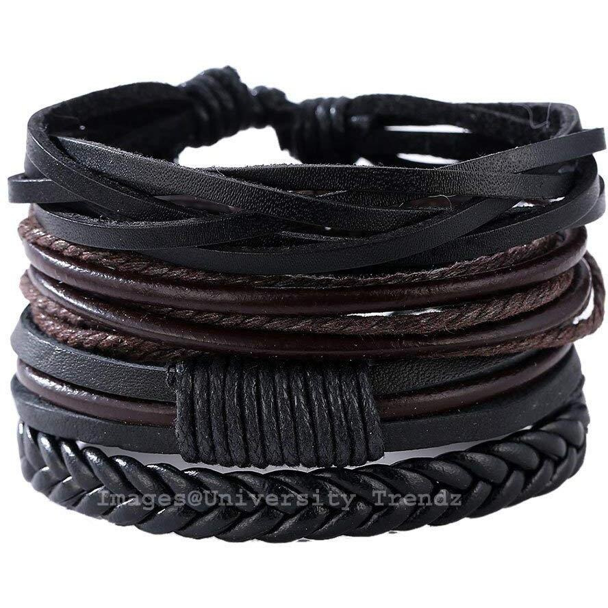 University Trendz Black Leather Handmade Woven Bracelet for Men & Women (Set of 4) (Black)