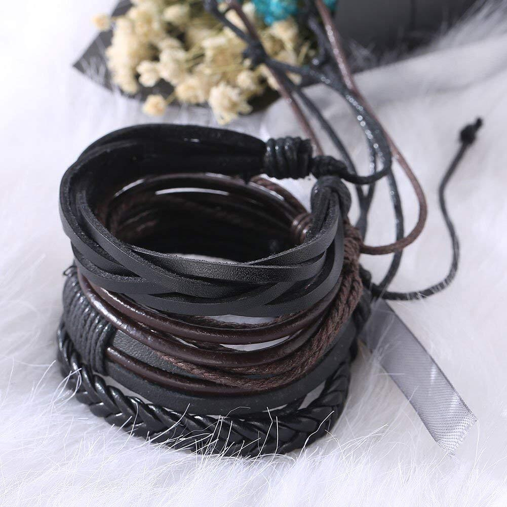 University Trendz Black Leather Handmade Woven Bracelet for Men & Women (Set of 4) (Black)