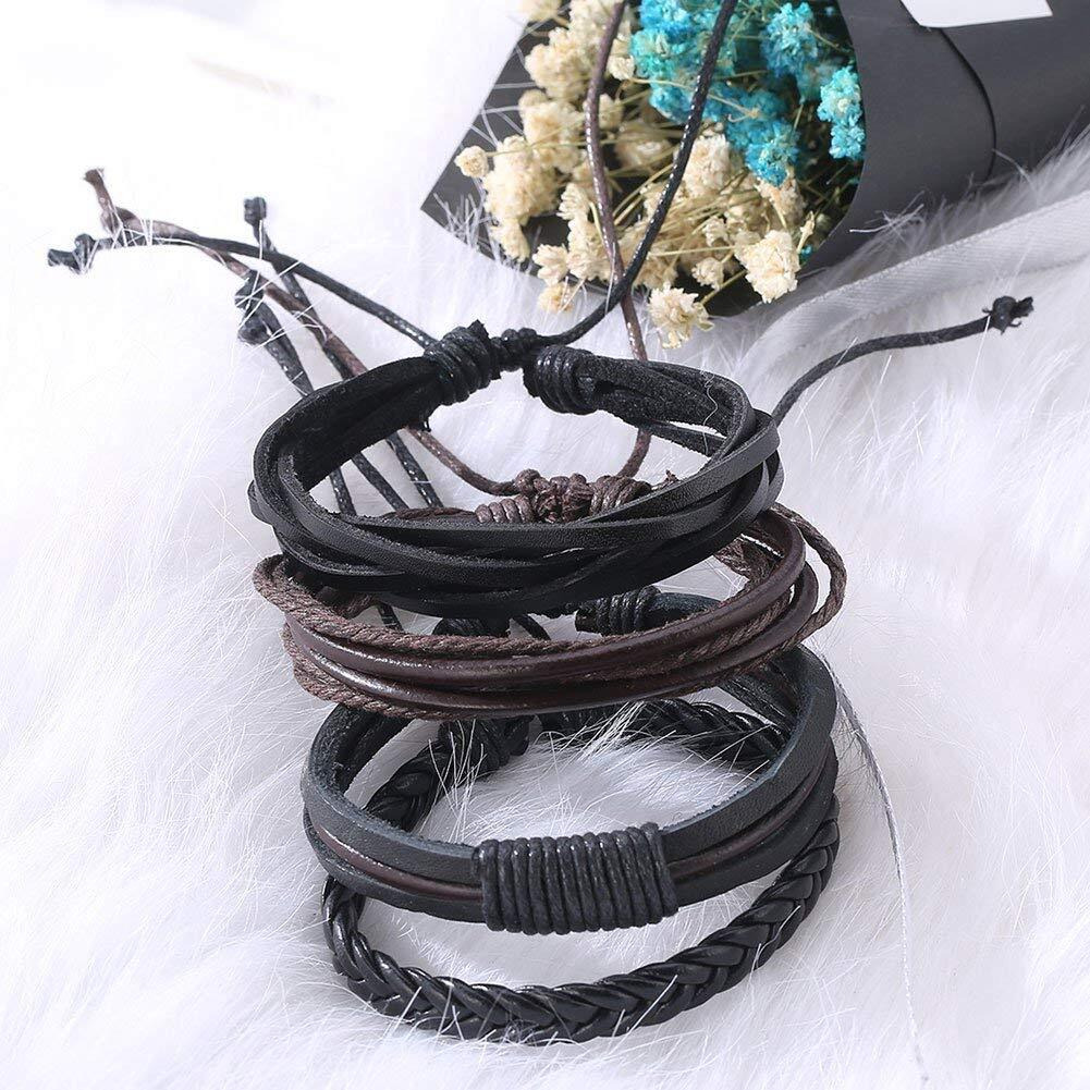 University Trendz Black Leather Handmade Woven Bracelet for Men & Women (Set of 4) (Black)