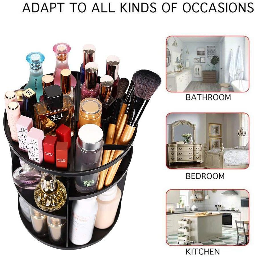 INOVERA (LABEL) Cosmetic Makeup Organizer for Women, Bride & Girls - 360 Rotating Storage Organiser Box - Dressing table Vanity Case Holder for Lipsticks, Skincare Kit & Brushes Set - Black, Cosmetics