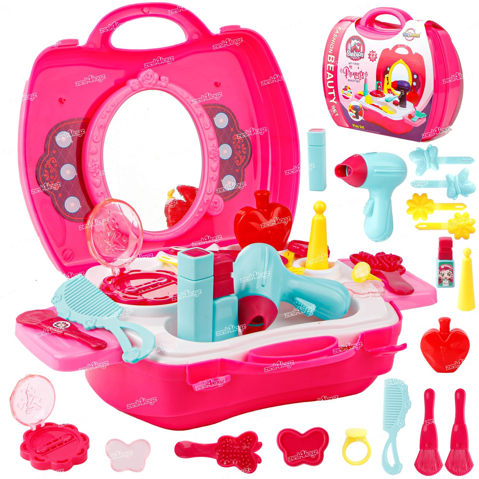 Zest 4 Toyz Beauty Makeup Kit for Doll Girls Cosmetic Set Kit Hair Salon with 22 PCS Makeup Accessories Portable Pretend Play Fashion Set Toy for Kids (Hair Salon -Pink)