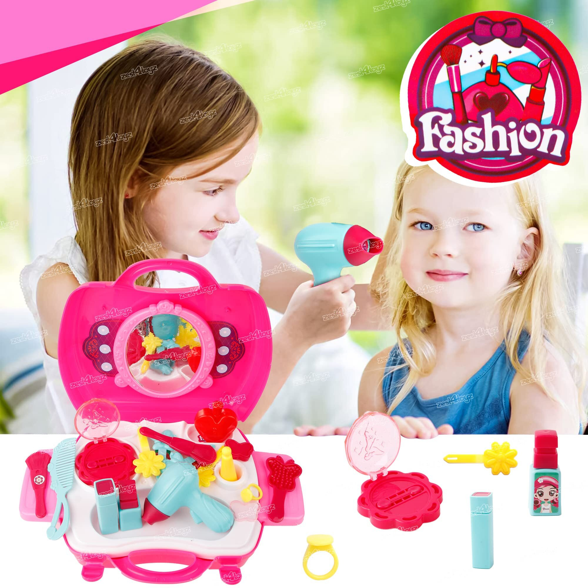 Zest 4 Toyz Beauty Makeup Kit for Doll Girls Cosmetic Set Kit Hair Salon with 22 PCS Makeup Accessories Portable Pretend Play Fashion Set Toy for Kids (Hair Salon -Pink)
