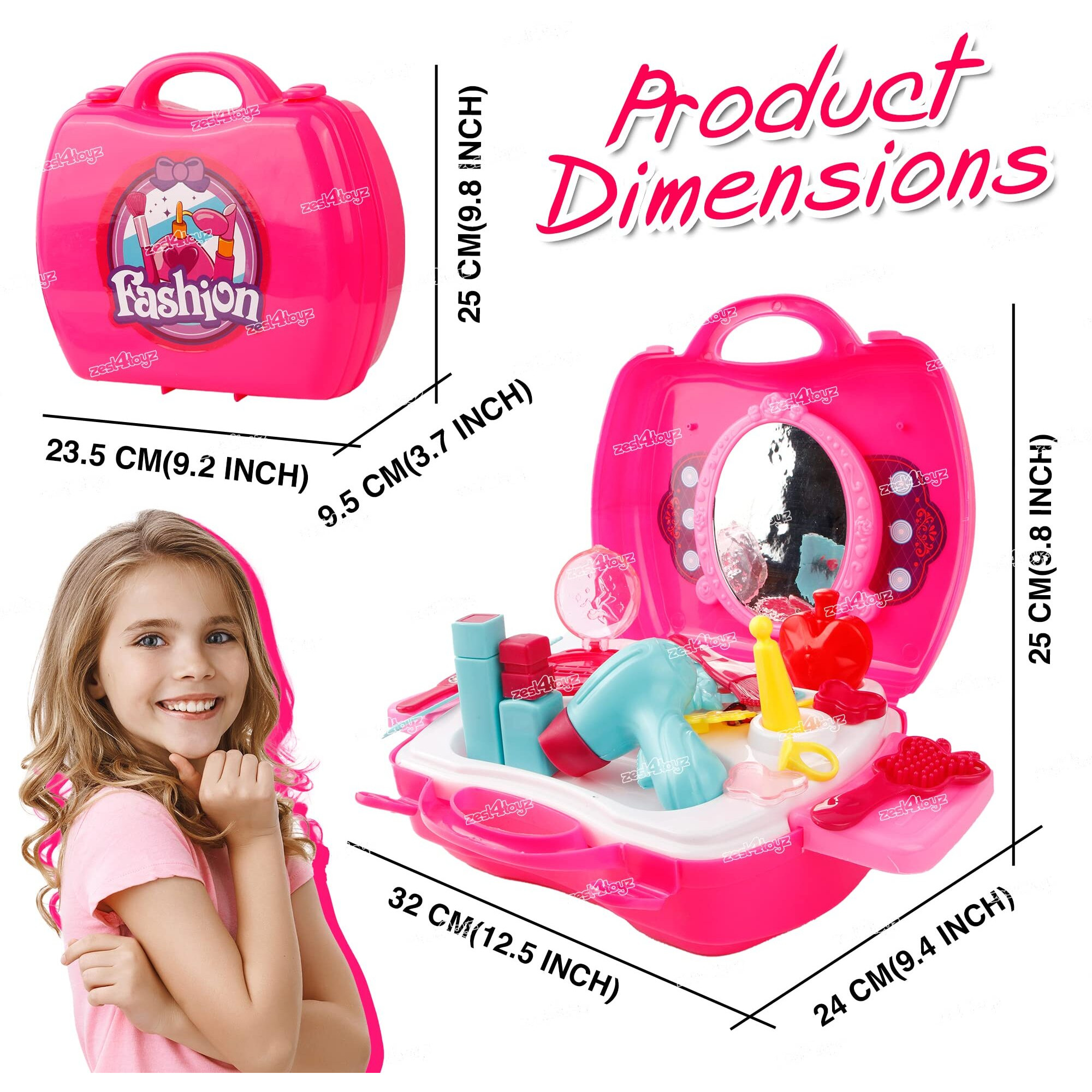 Zest 4 Toyz Beauty Makeup Kit for Doll Girls Cosmetic Set Kit Hair Salon with 22 PCS Makeup Accessories Portable Pretend Play Fashion Set Toy for Kids (Hair Salon -Pink)