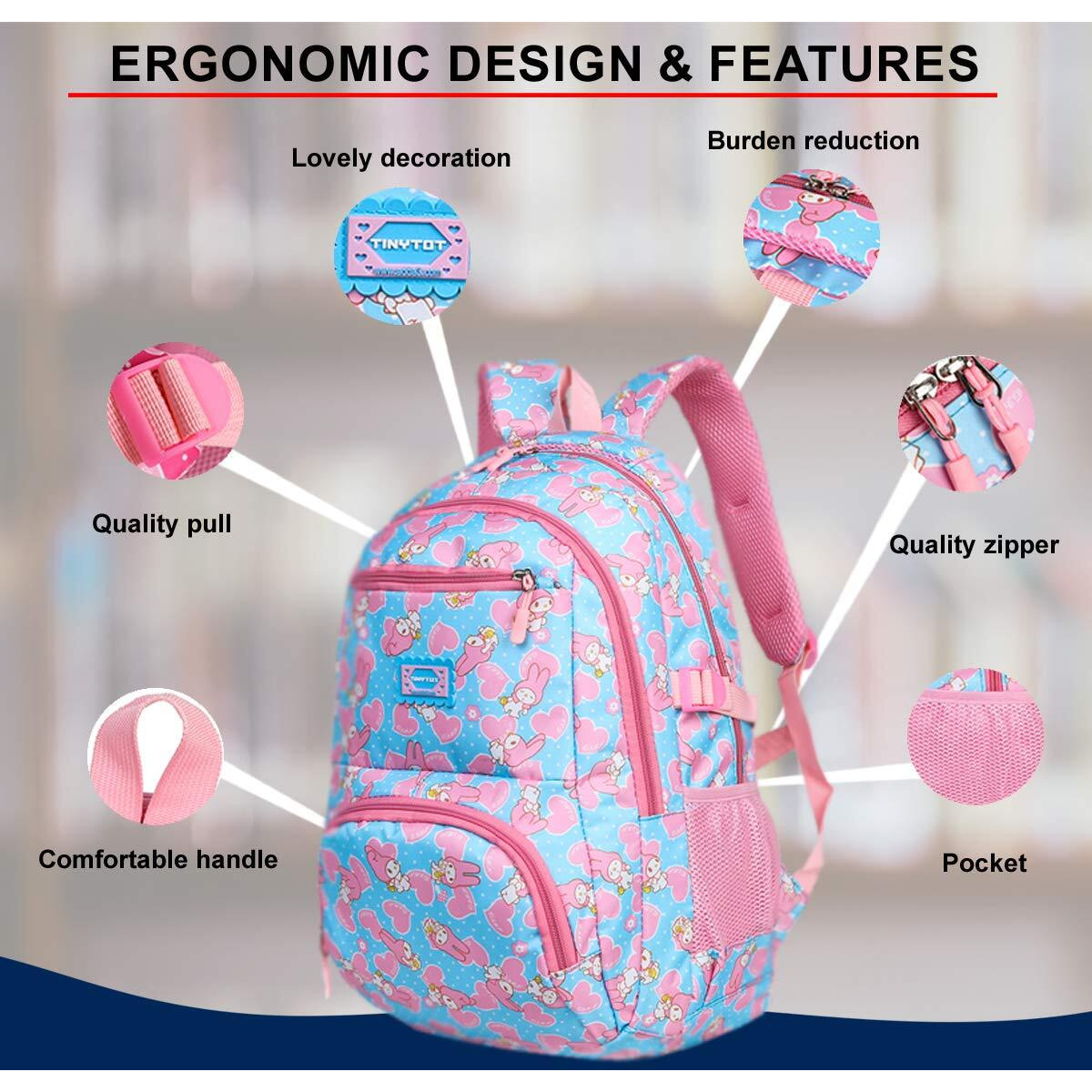 Tinytot School Bag for Girl - 26L, 18 Inches, Durable & Sleek Waterproof Tuition Bag for Girls, Baby doll Print, Skyblue School Backpack, Picnic & Travel Bag, College Bag for Girls