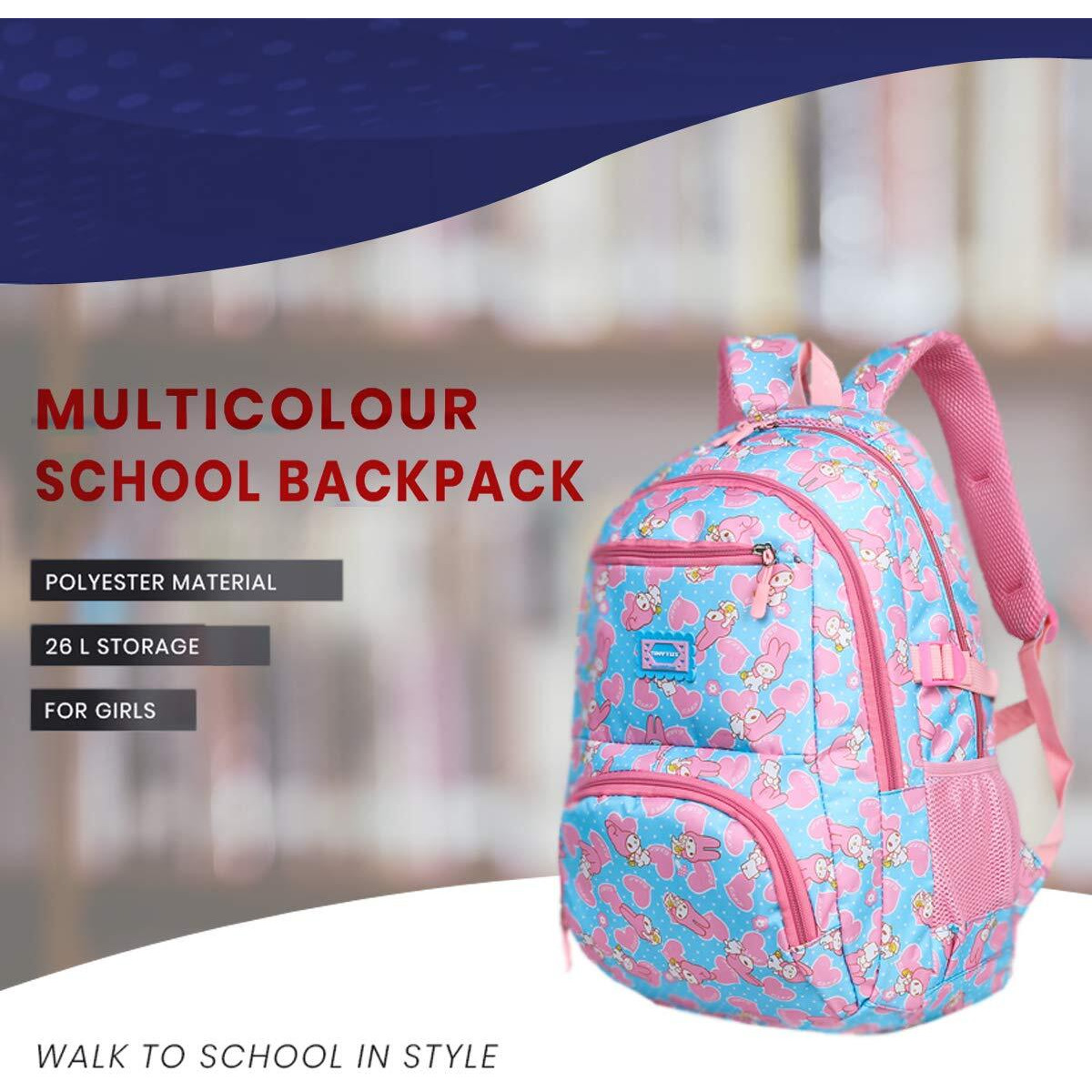 Tinytot School Bag for Girl - 26L, 18 Inches, Durable & Sleek Waterproof Tuition Bag for Girls, Baby doll Print, Skyblue School Backpack, Picnic & Travel Bag, College Bag for Girls