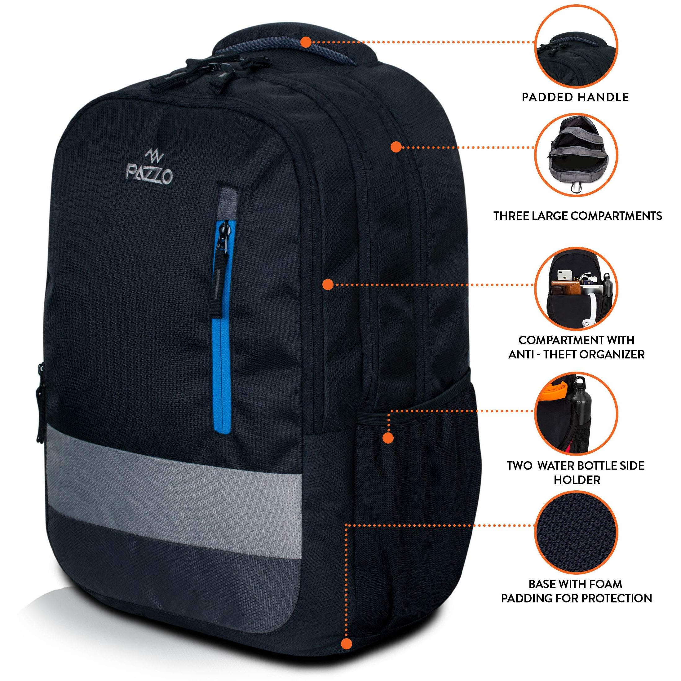 PAZZO Alto Standard Backpack For Men s, Grey |40L Water Resistant School Bags For Boys | 3 Compartments | Stylish & Durable | College Bags For Men s/College Bag For Girls | 1Yr Warranty