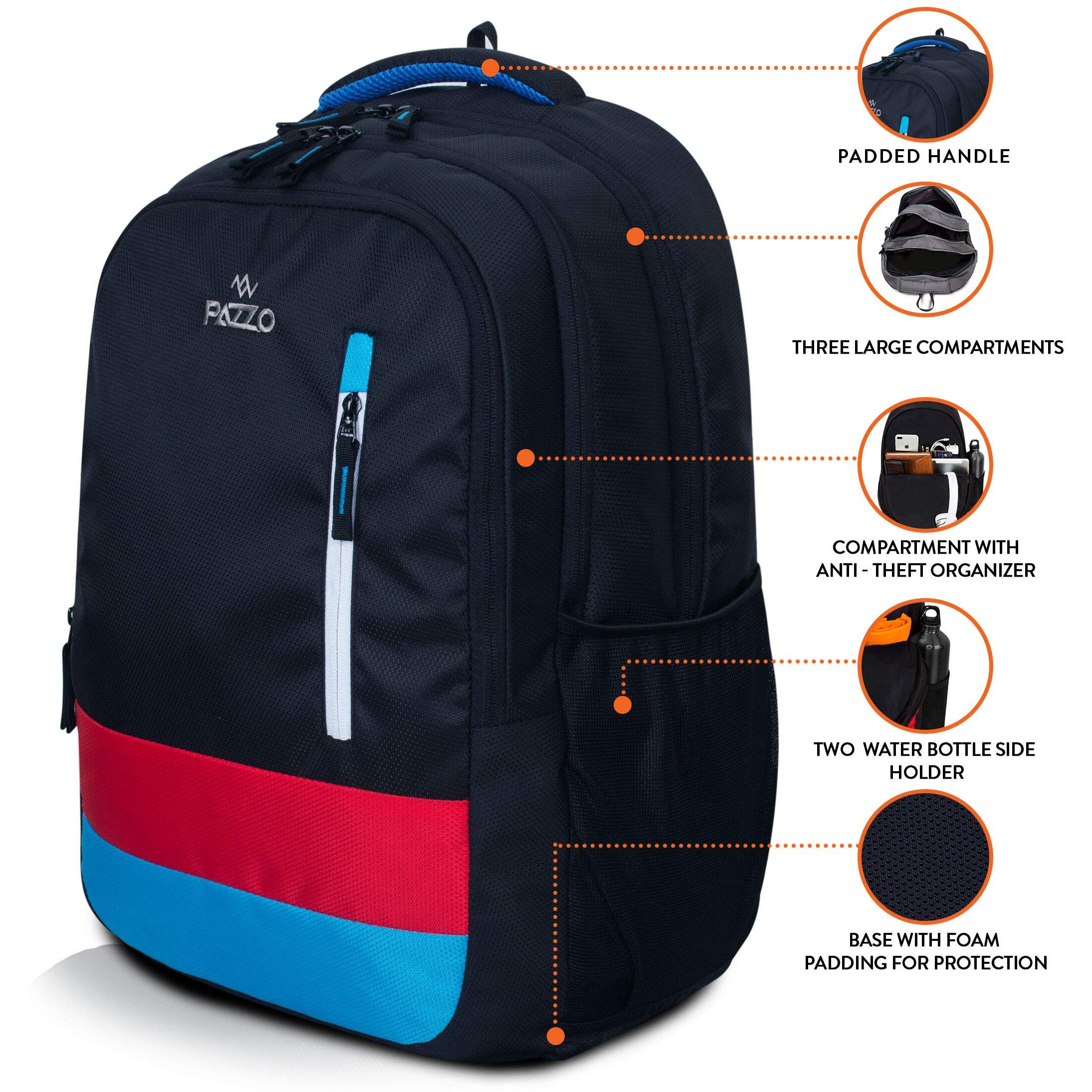 PAZZO Alto 40L Water resistant Backpack for Men, Women - 3 Compartment Travel, Business Backpack, College|School | Office Bag with 1 year warranty (Black,Red and Blue)