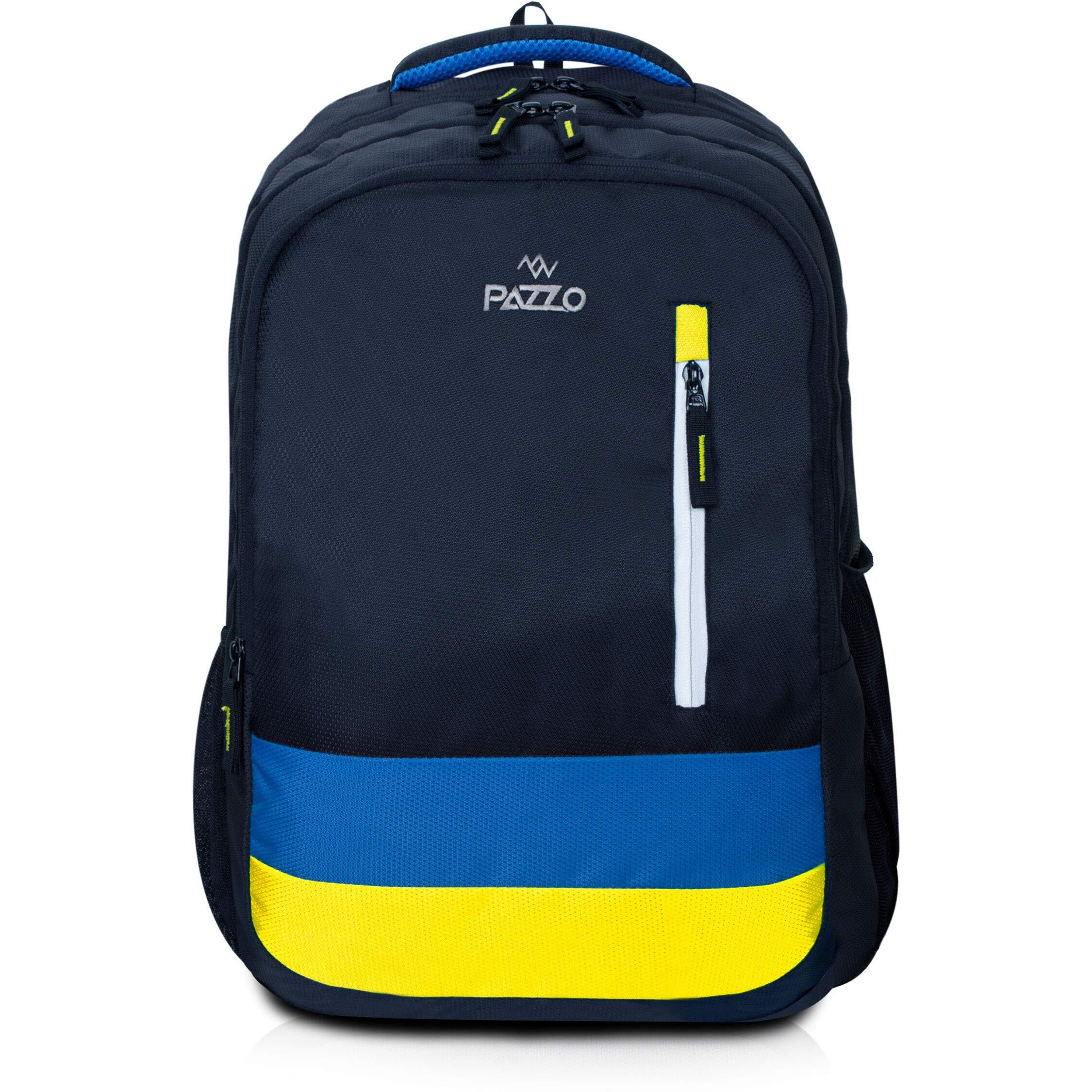PAZZO Alto 40L Water Resistant Standard Backpack For Men s, Women s - 3 Compartment Travel, Business Standard Backpack, College|School | Office Bag With 1 Year Warranty (Black, Yellow And Blue)
