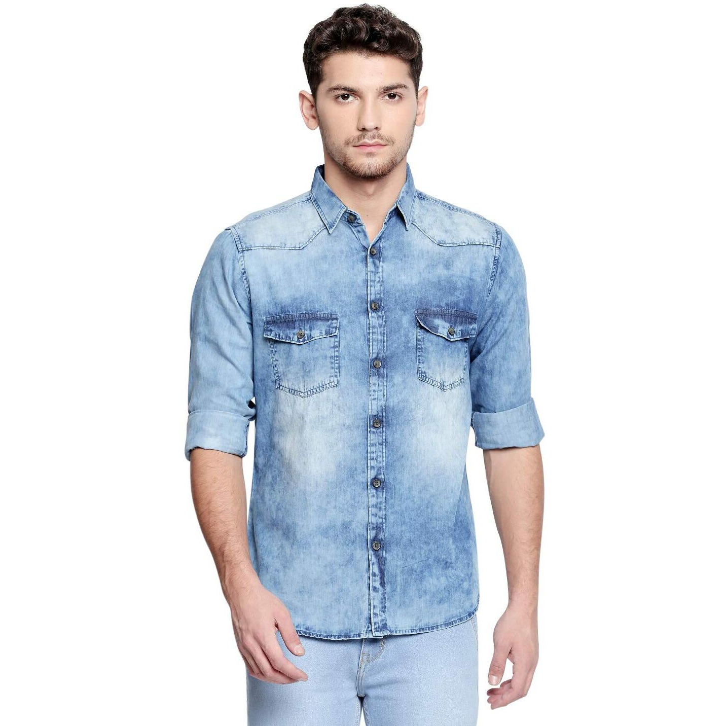Dennis Lingo Men s Cotton Full Sleeves Washed Denim Casual Shirt with Flap Pockets (Blue, L)