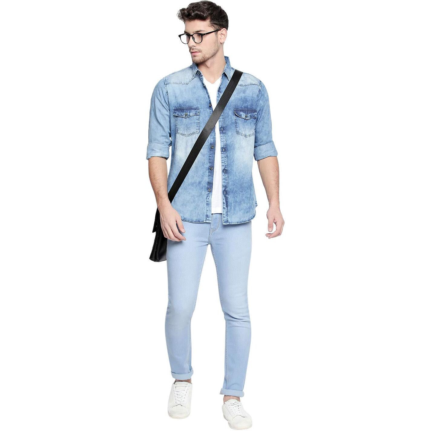 Dennis Lingo Men s Cotton Full Sleeves Washed Denim Casual Shirt with Flap Pockets (Blue, L)