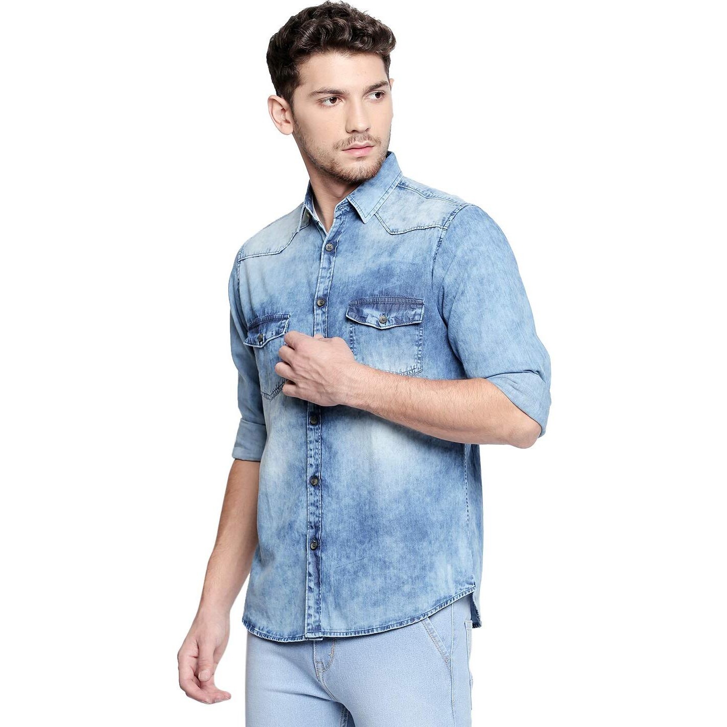 Dennis Lingo Men s Cotton Full Sleeves Washed Denim Casual Shirt with Flap Pockets (Blue, L)