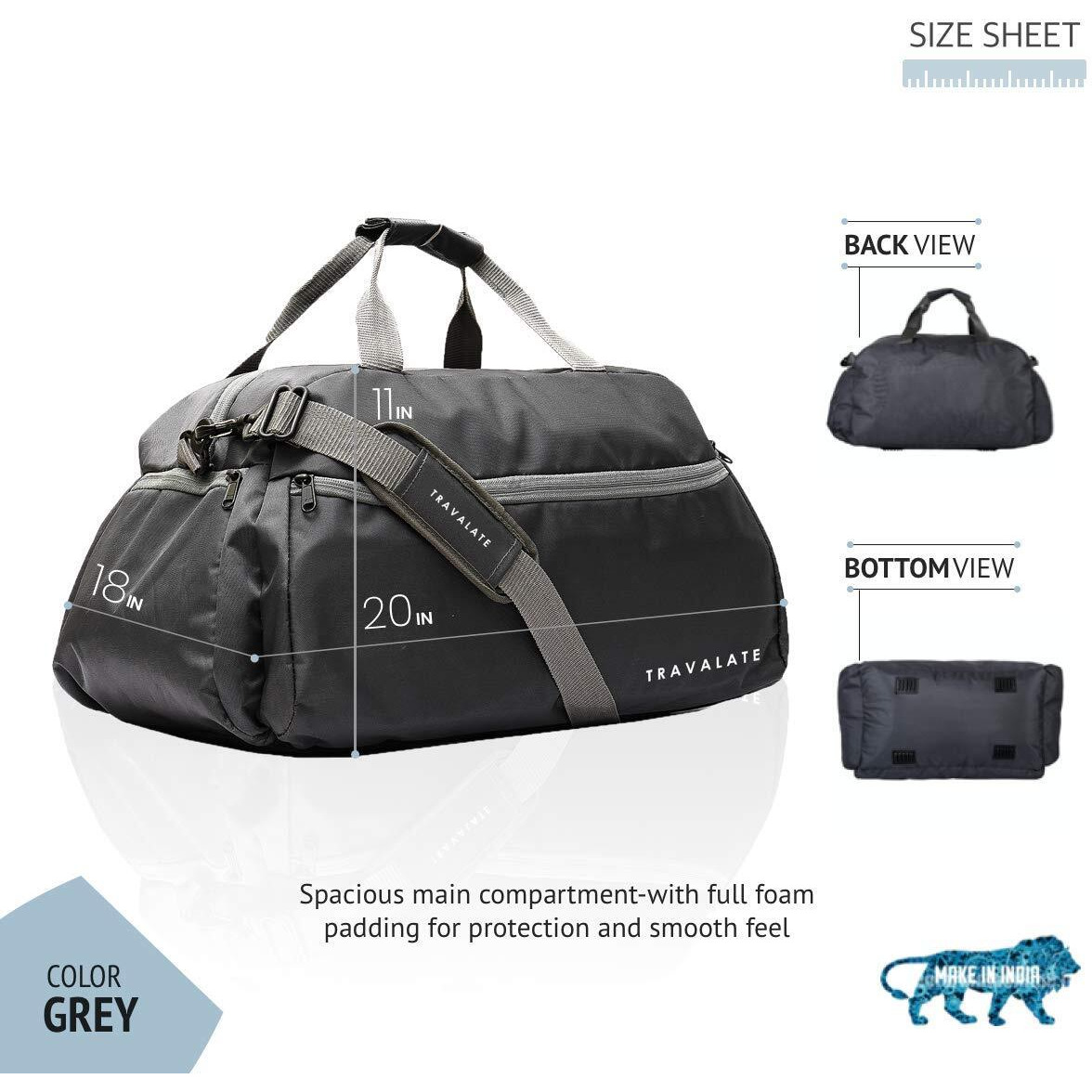 Travalate Polyester 45 L Multi Pocket Ultra Light Travel Duffle Bag Organizer for Men and Women (Grey, 20 X 18 X 11 Inch)
